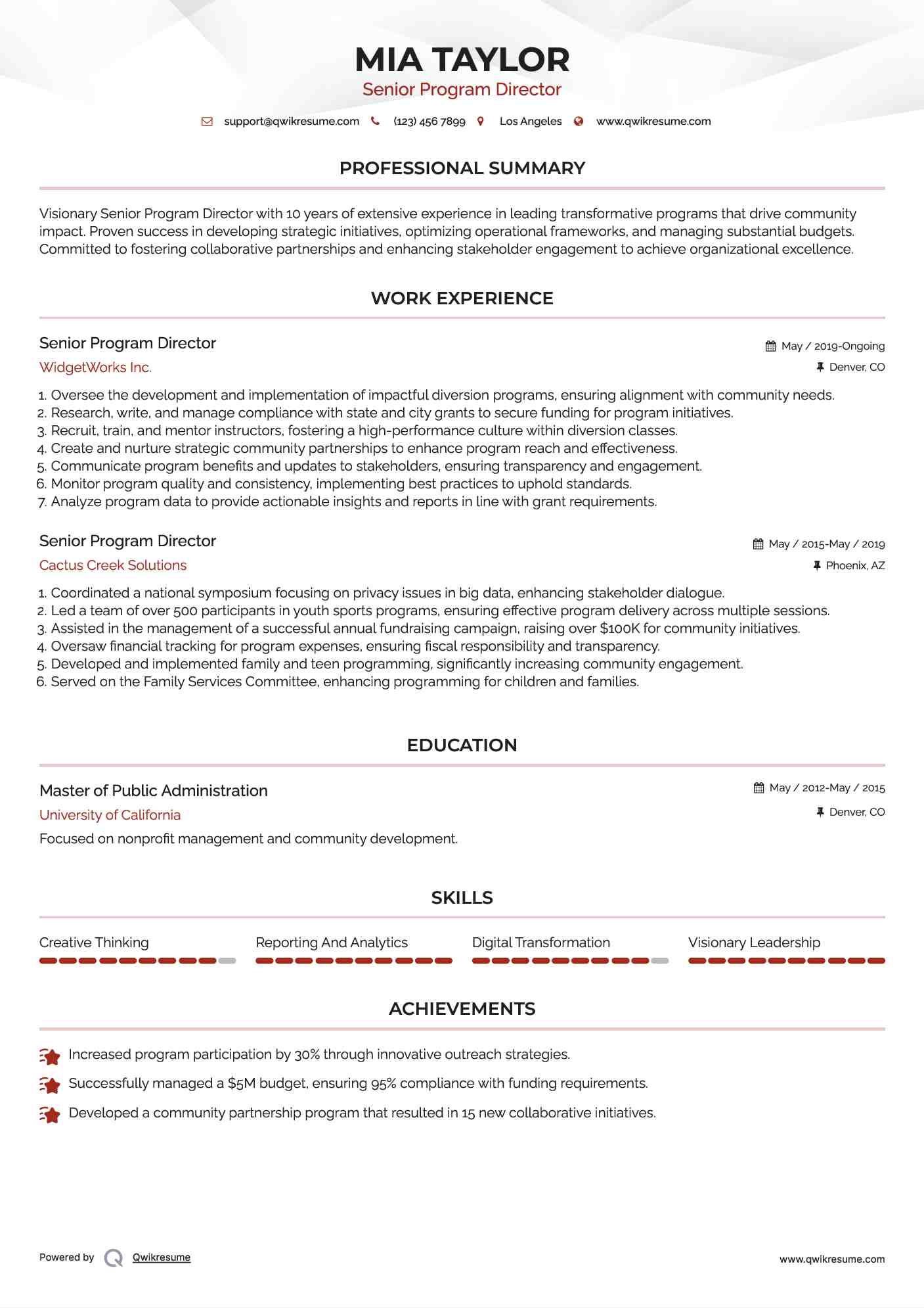 Senior Program Director Resume Format