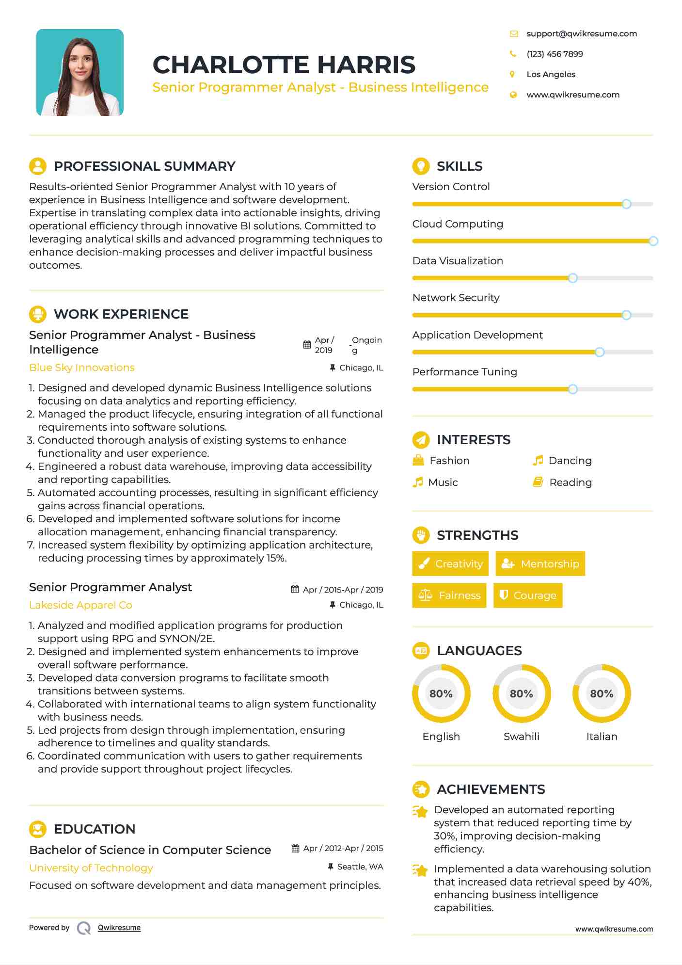 Senior Programmer Analyst - Business Intelligence Resume Sample