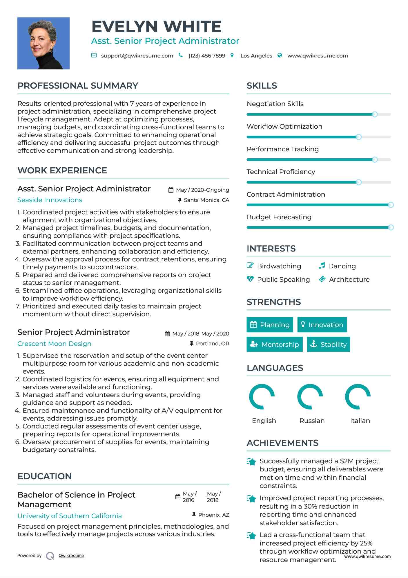 Asst. Senior Project Administrator Resume Model
