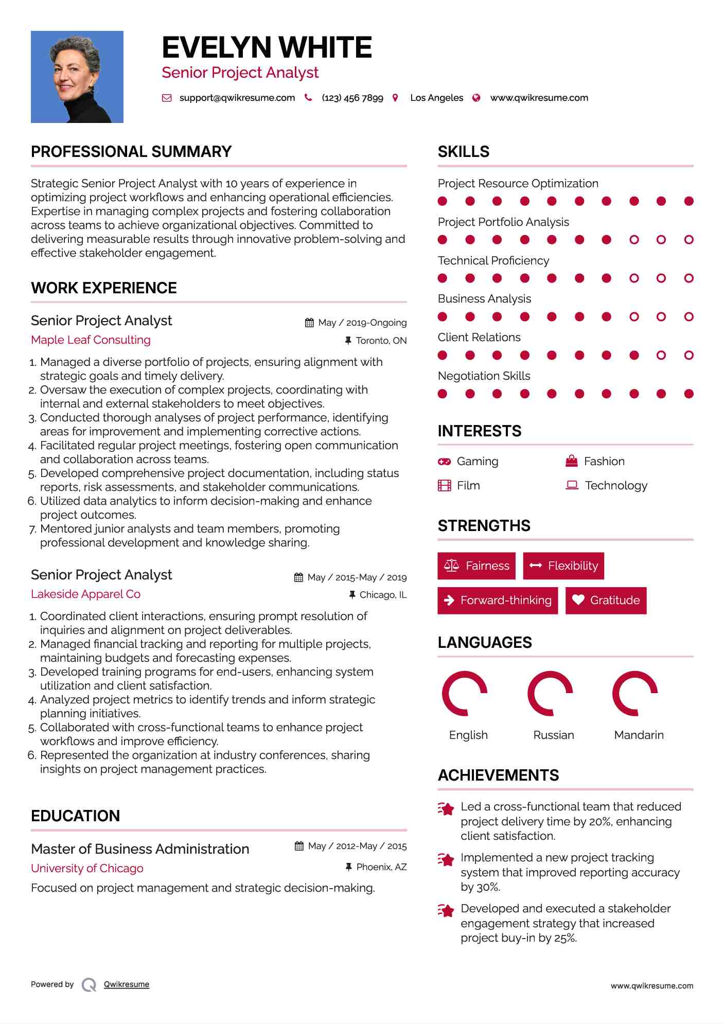 Senior Project Analyst Resume Template