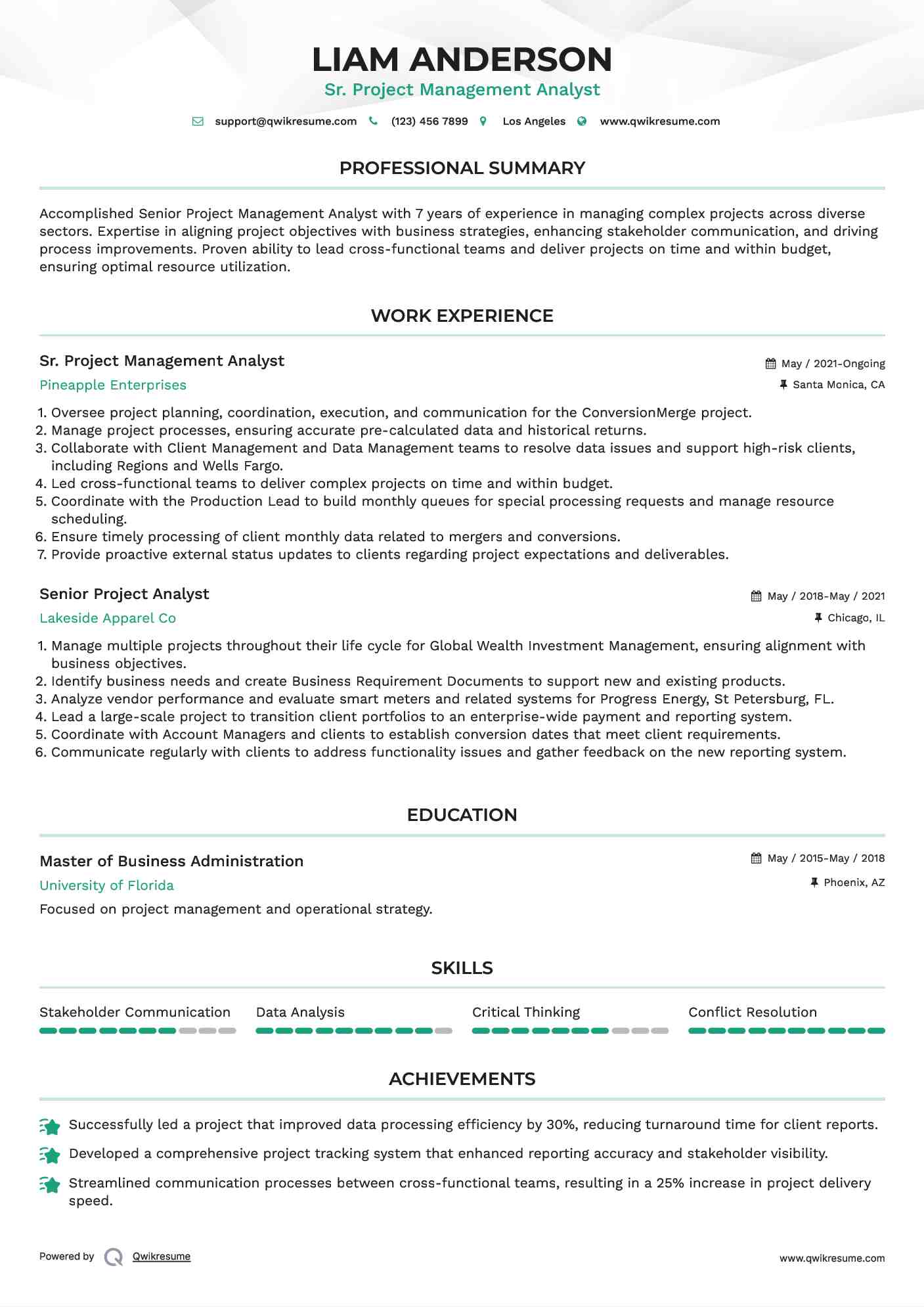 Sr. Project Management Analyst Resume Template