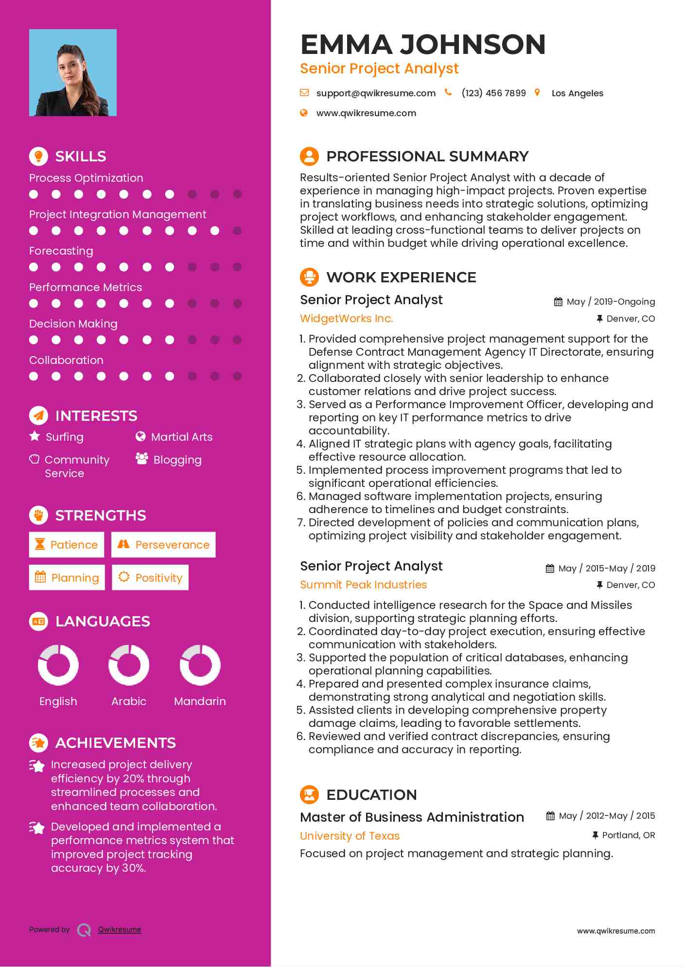 Senior Project Analyst Resume Template