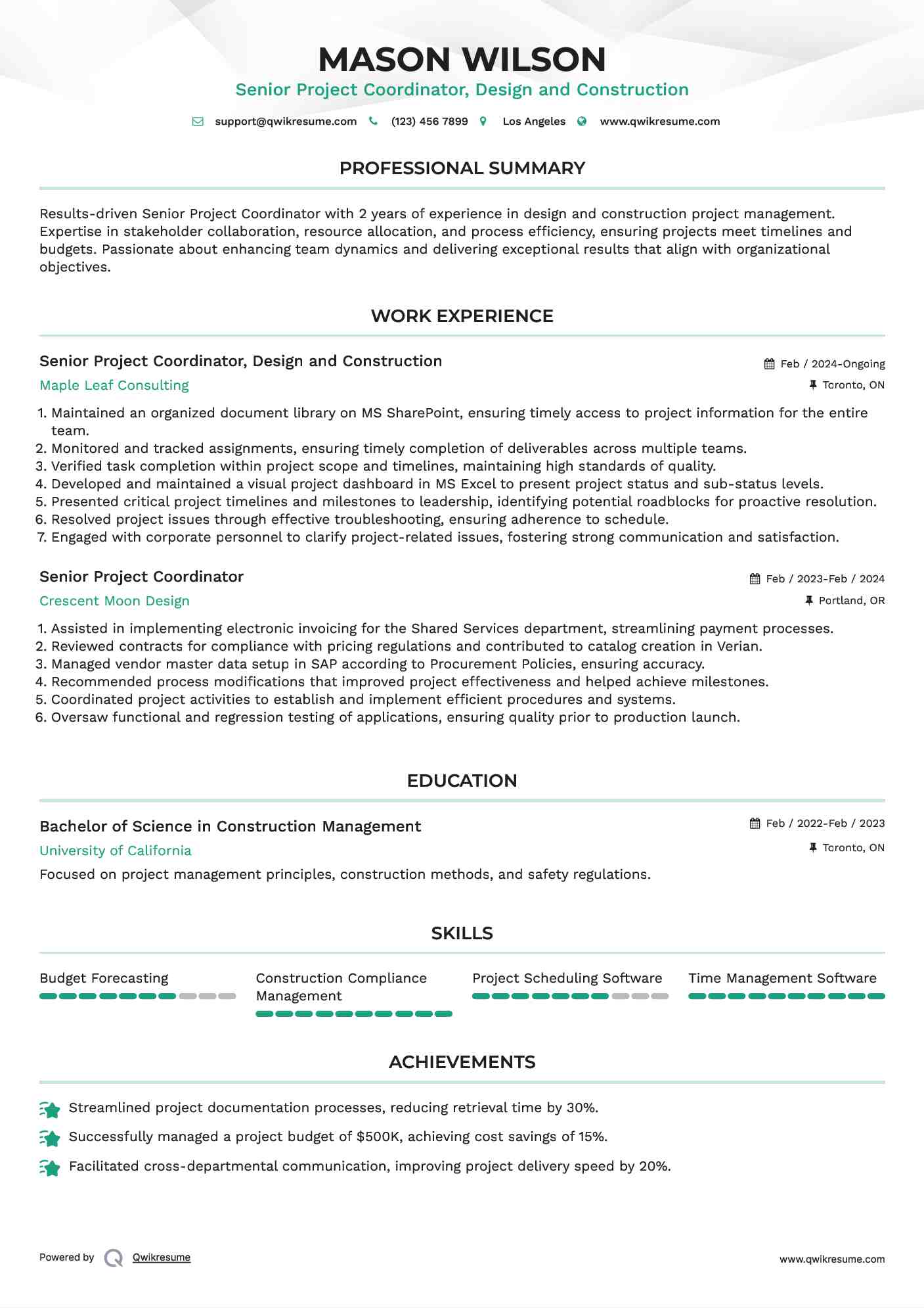 Senior Project Coordinator, Design and Construction Resume Model
