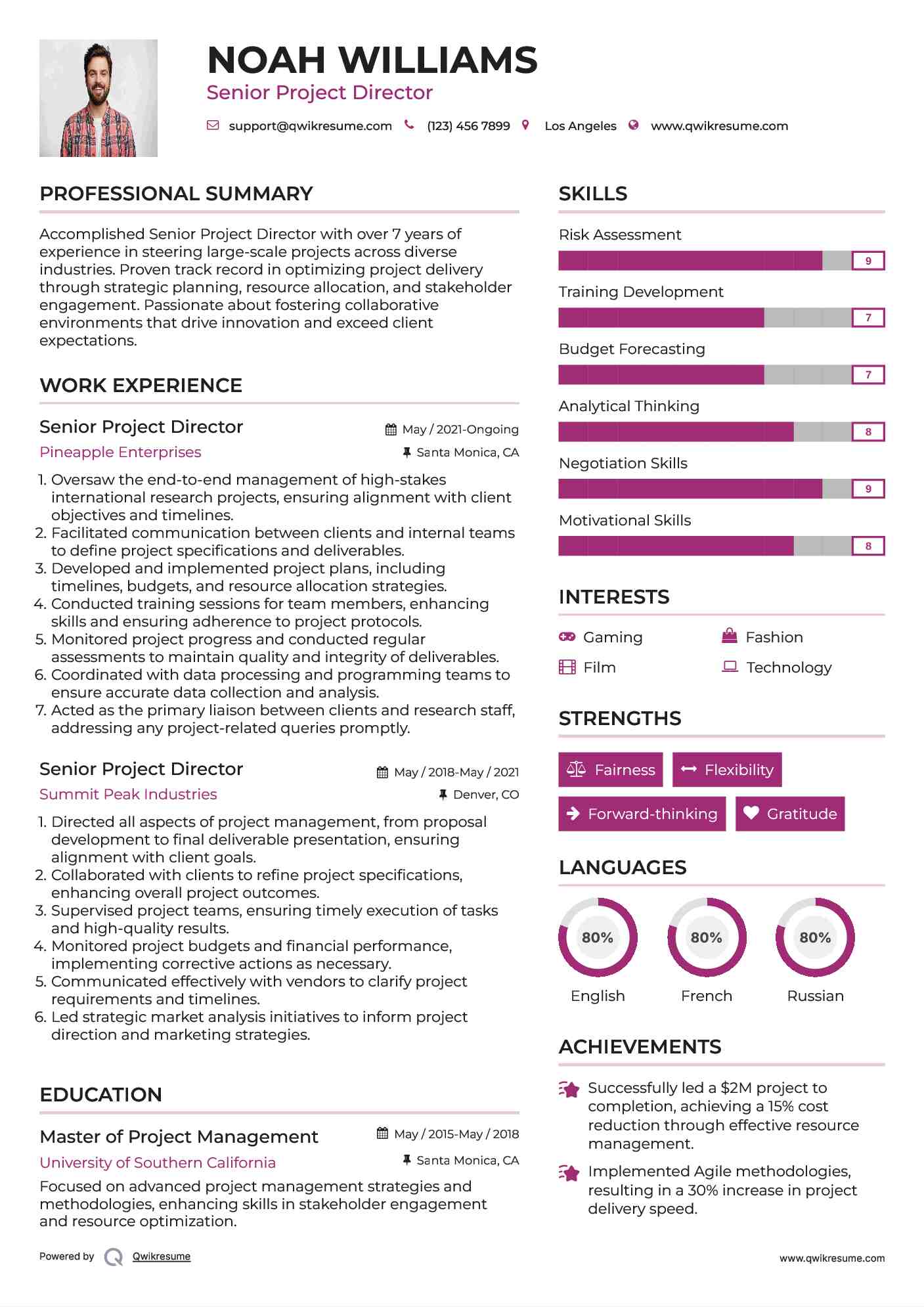 Senior Project Director Resume Sample