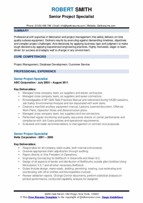 Senior Project Specialist Resume Samples QwikResume