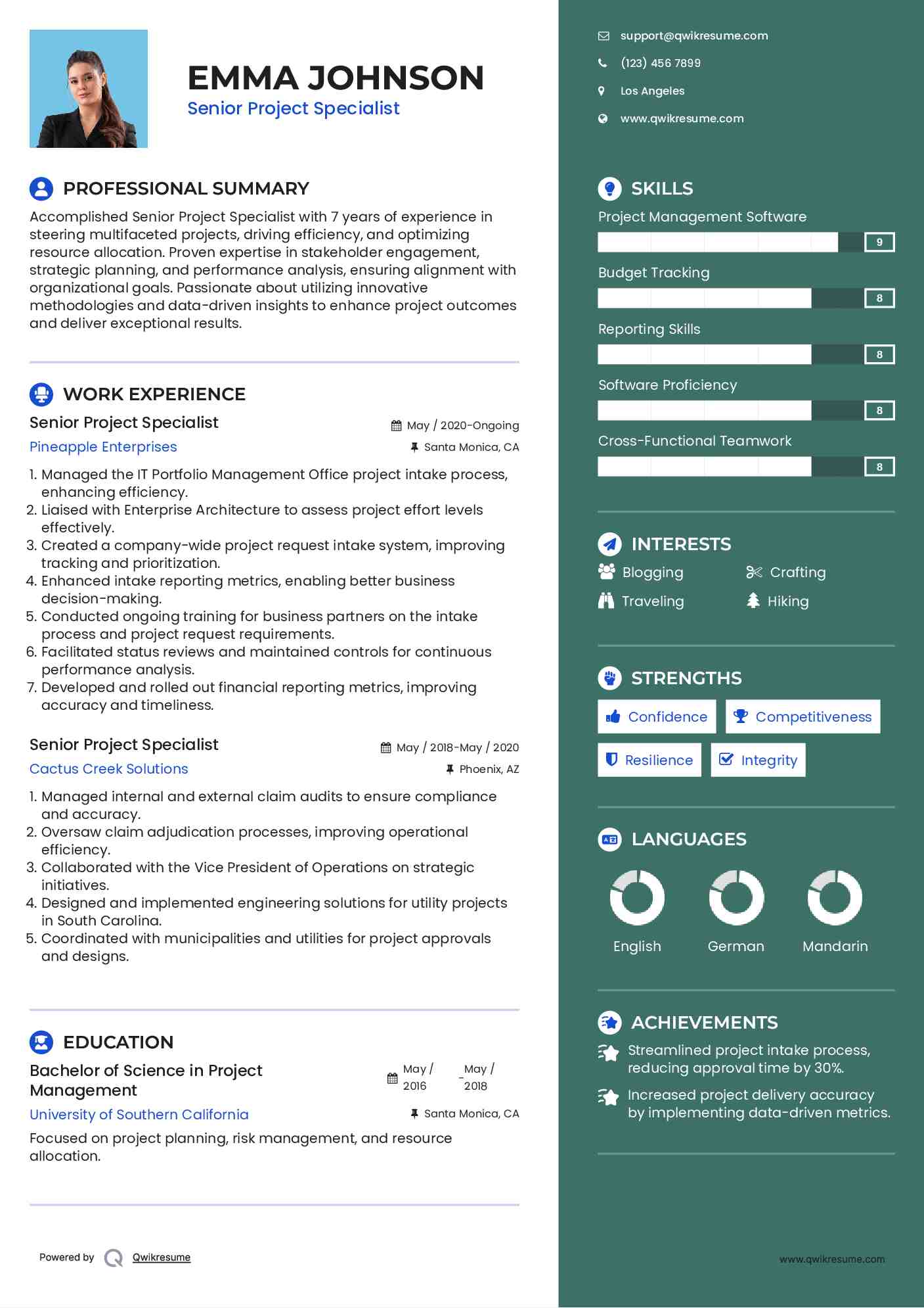 Senior Project Specialist Resume Template