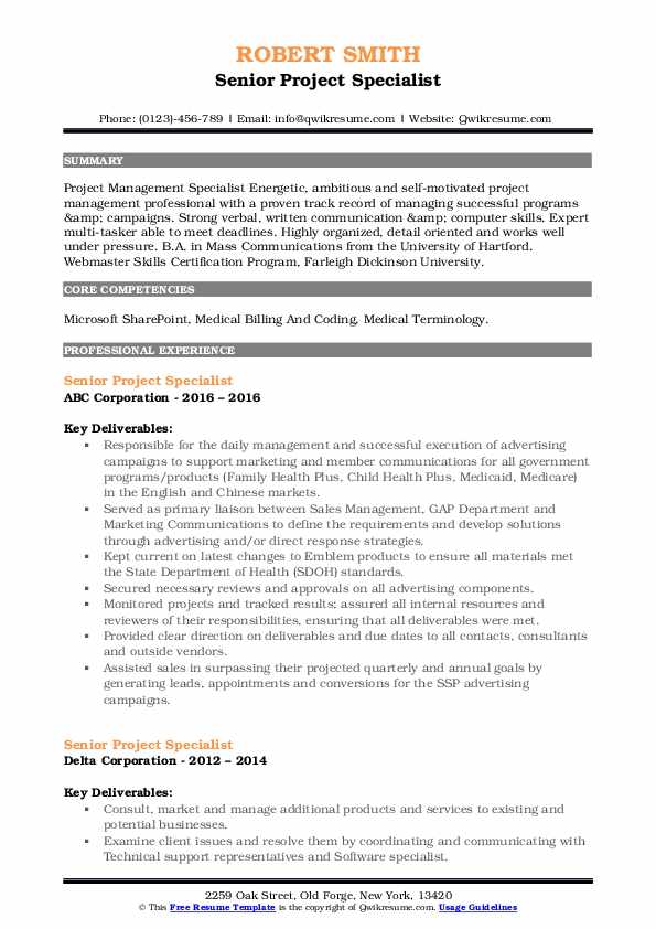 Senior Project Specialist Resume Samples QwikResume