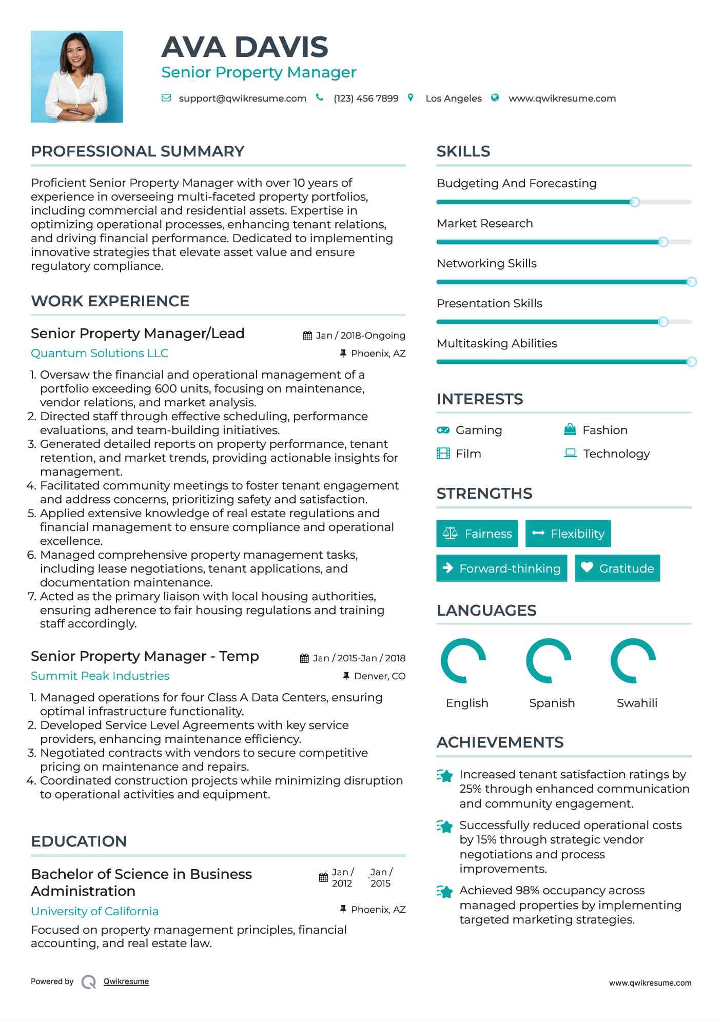 Senior Property Manager/Lead Resume Example