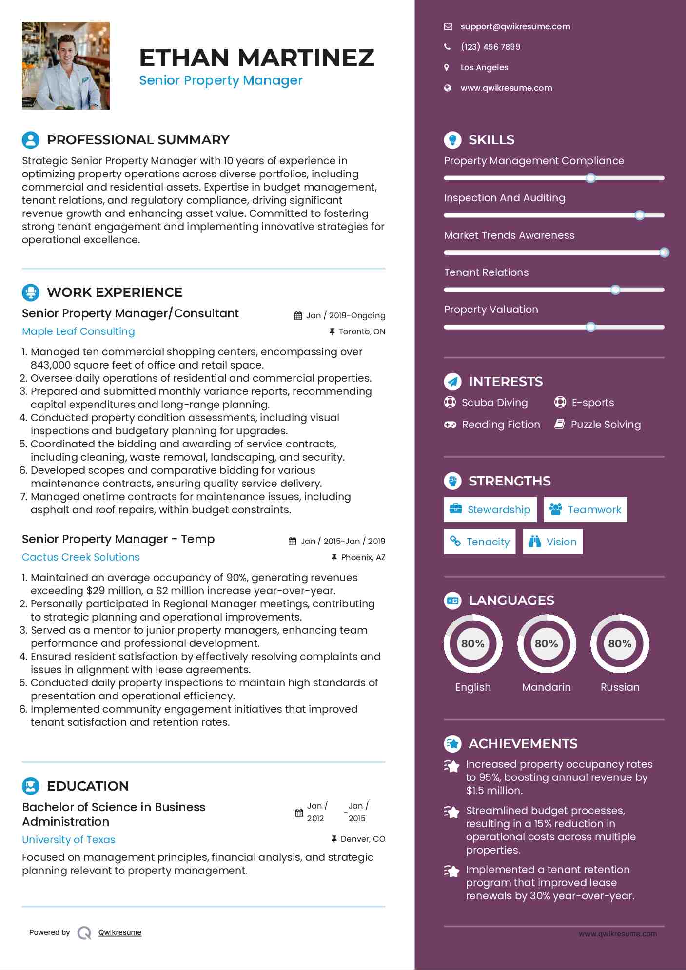 Senior Property Manager/Consultant Resume Sample