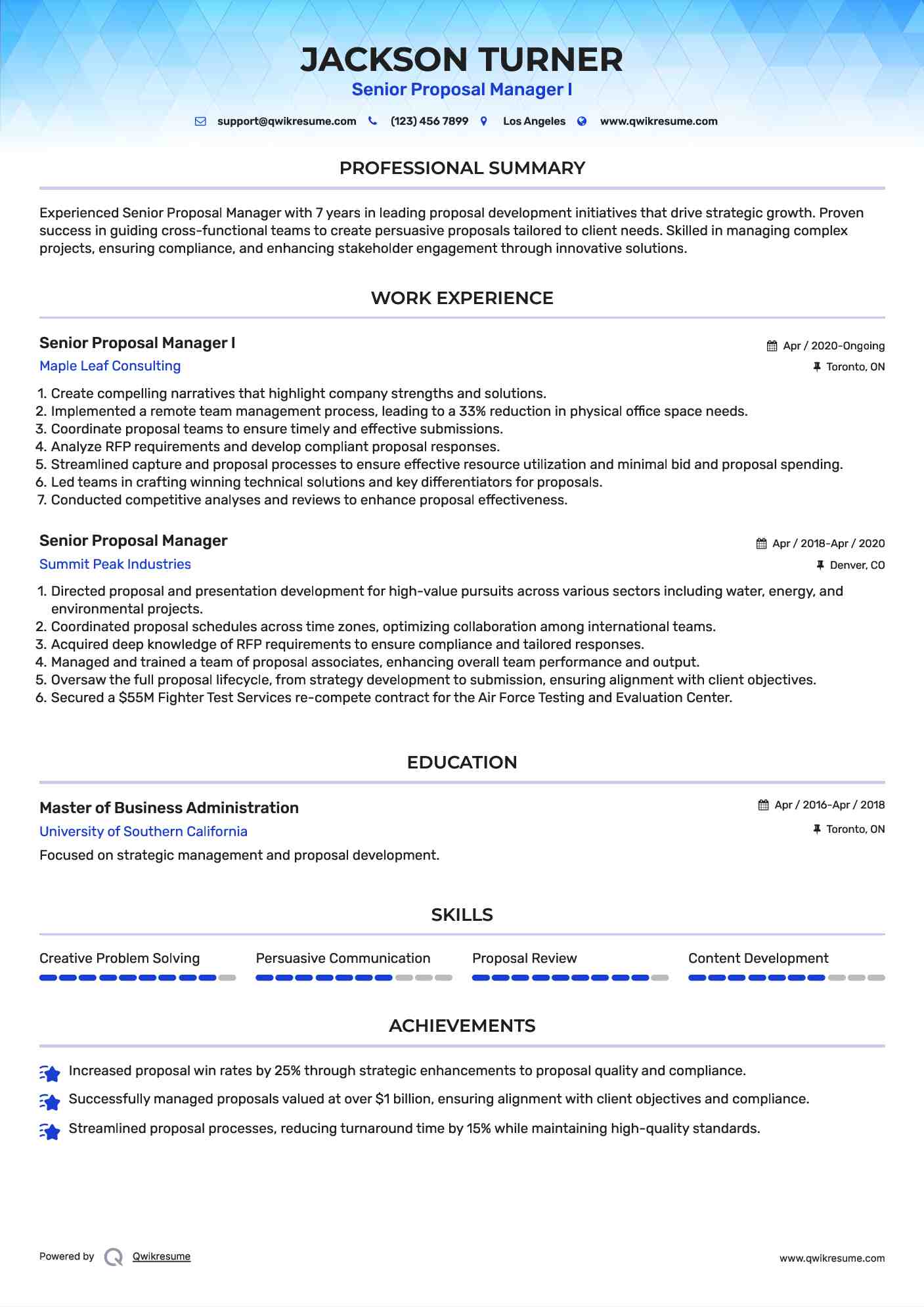 Senior Proposal Manager I Resume Sample