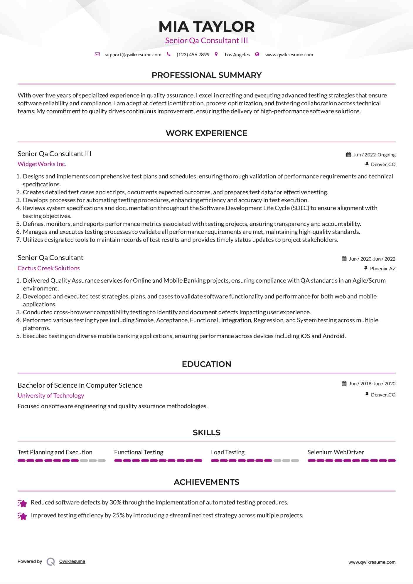 Senior Qa Consultant III Resume Sample