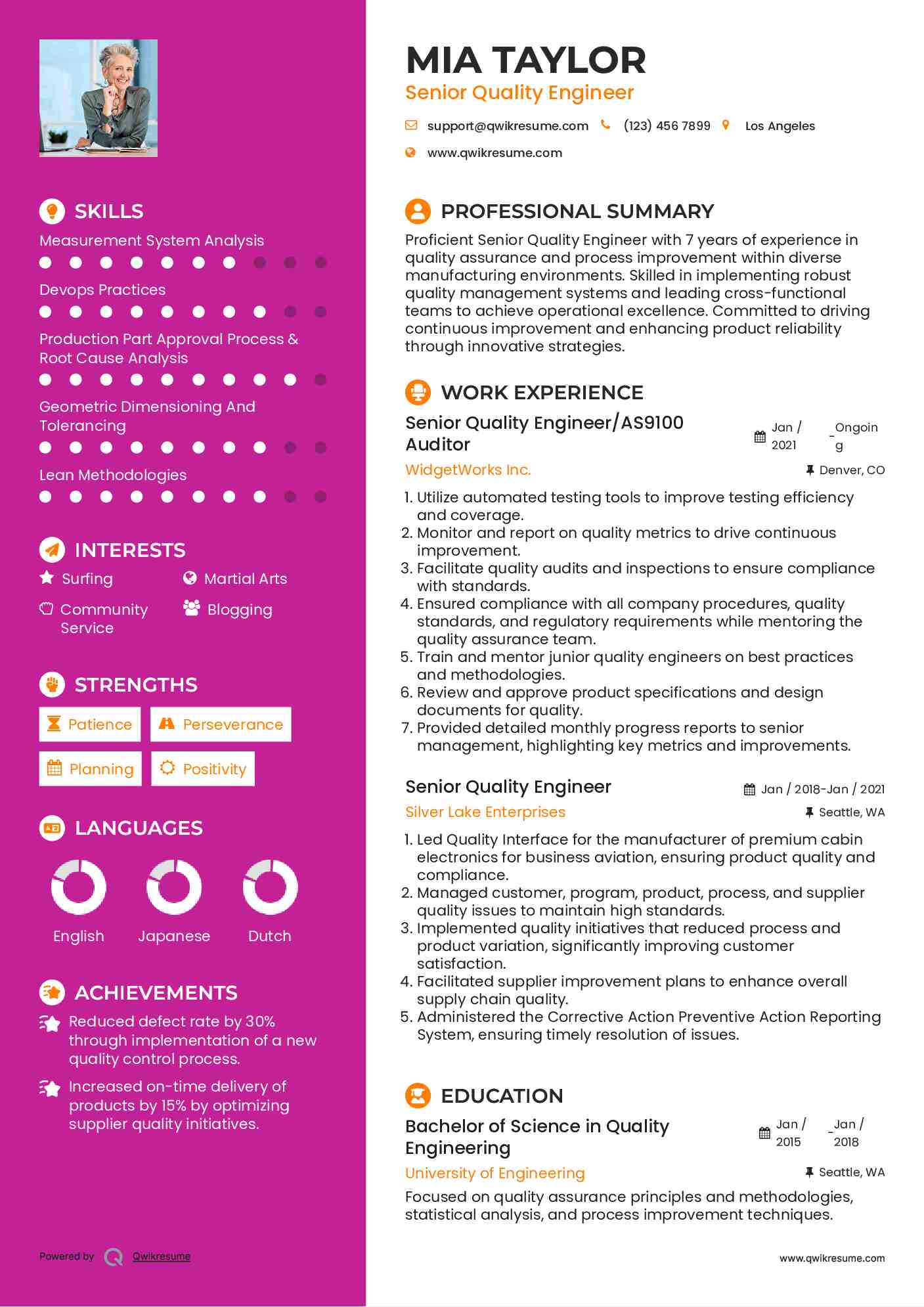 Senior Quality Engineer/AS9100 Auditor Resume Sample