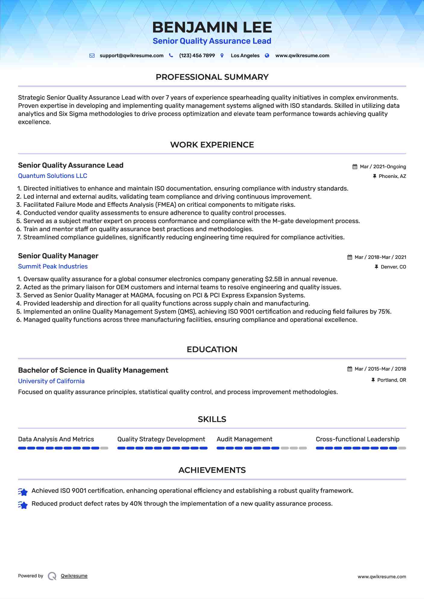 Senior Quality Assurance Lead Resume Example
