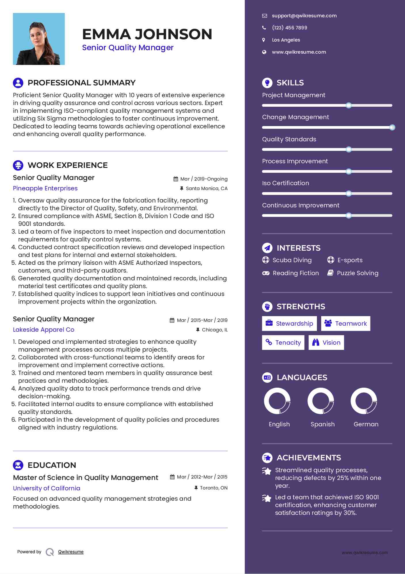 Senior Quality Manager Resume Format