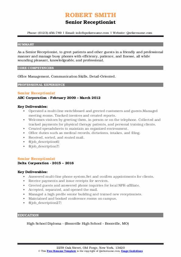 Senior Receptionist Resume Sample