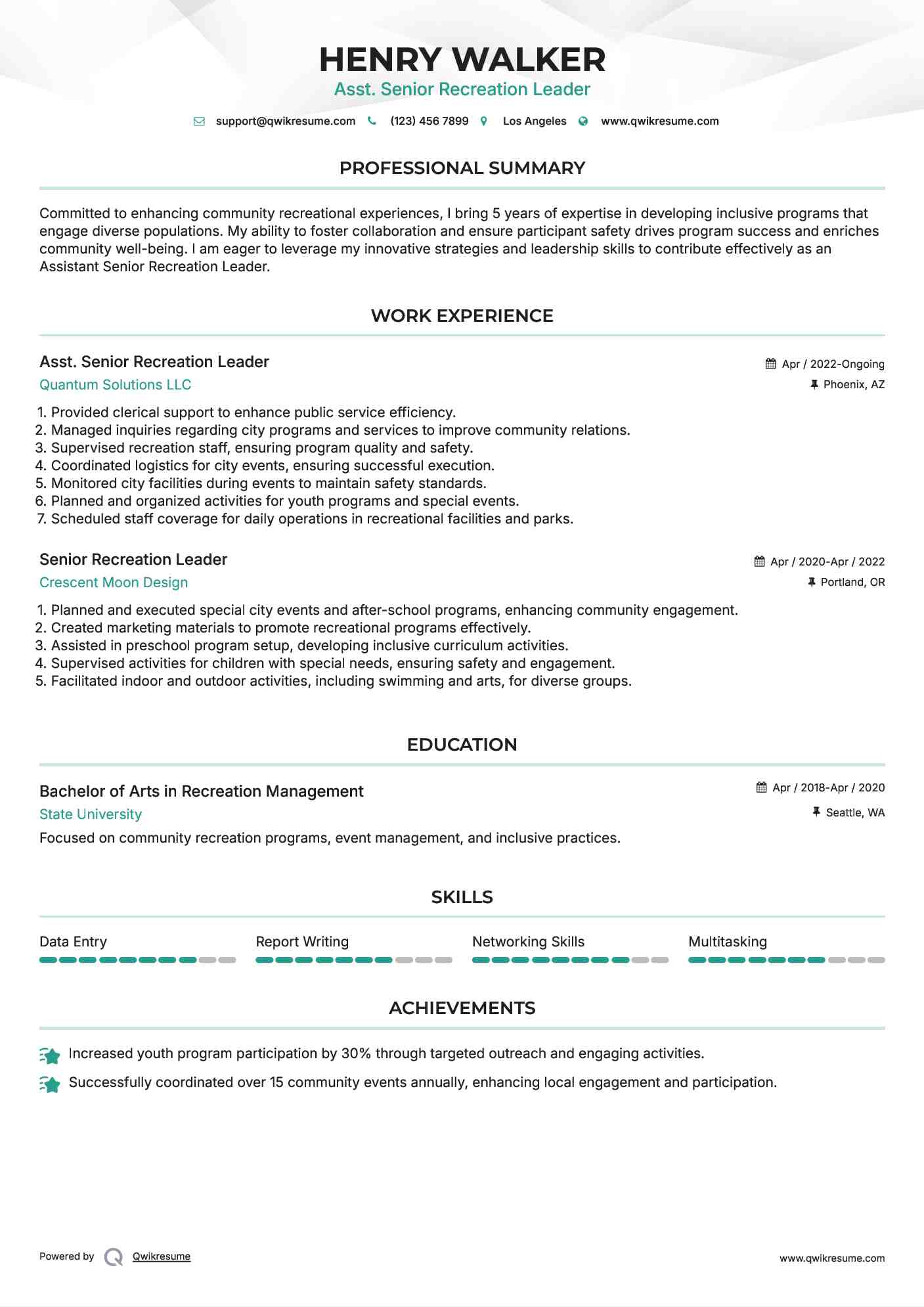 Asst. Senior Recreation Leader Resume Template