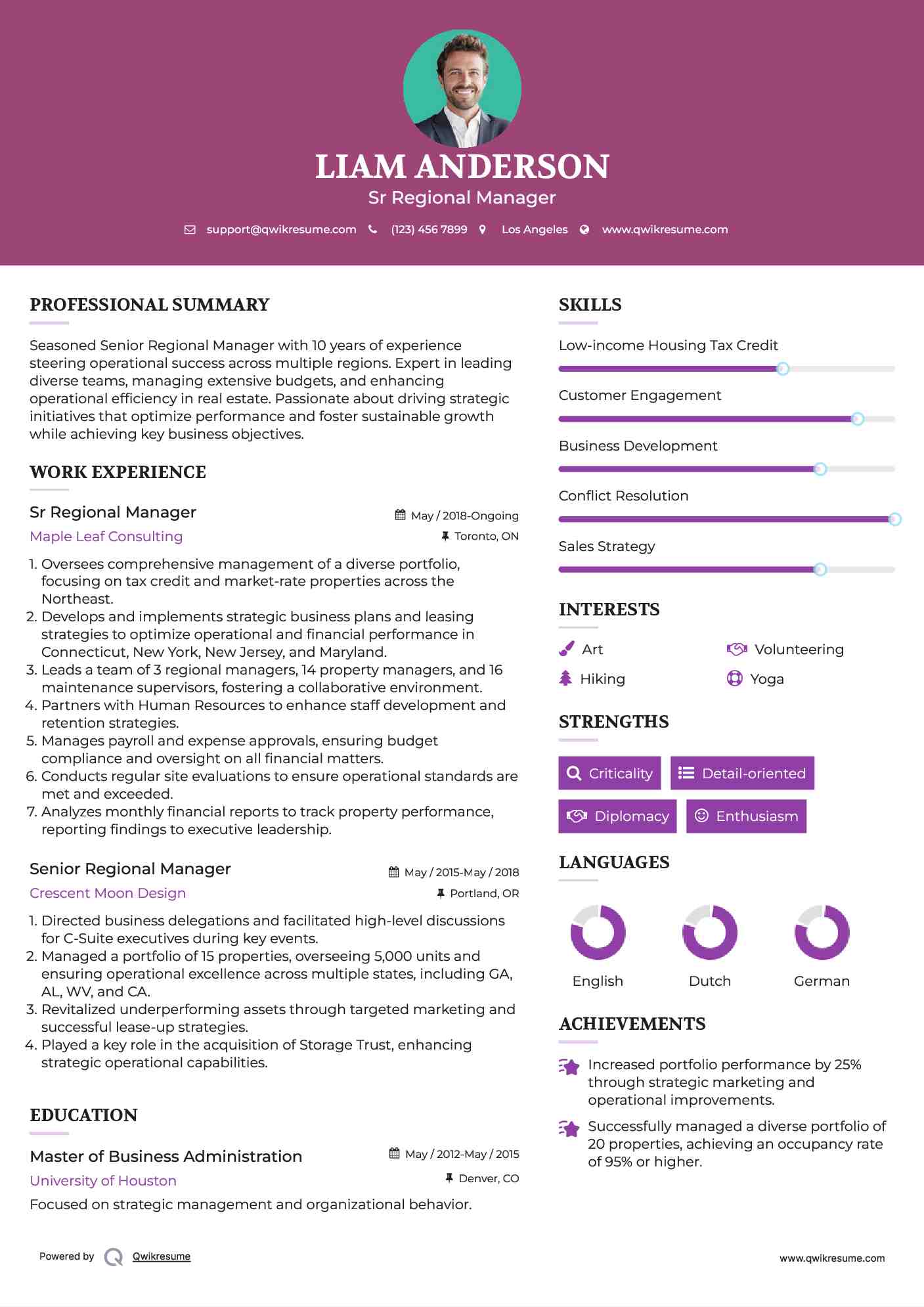 Sr Regional Manager Resume Example
