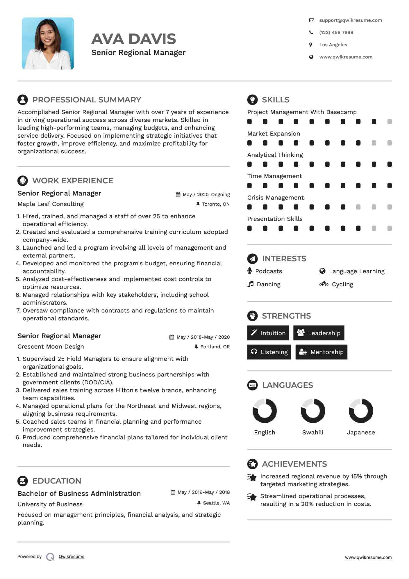 Senior Regional Manager Resume Example