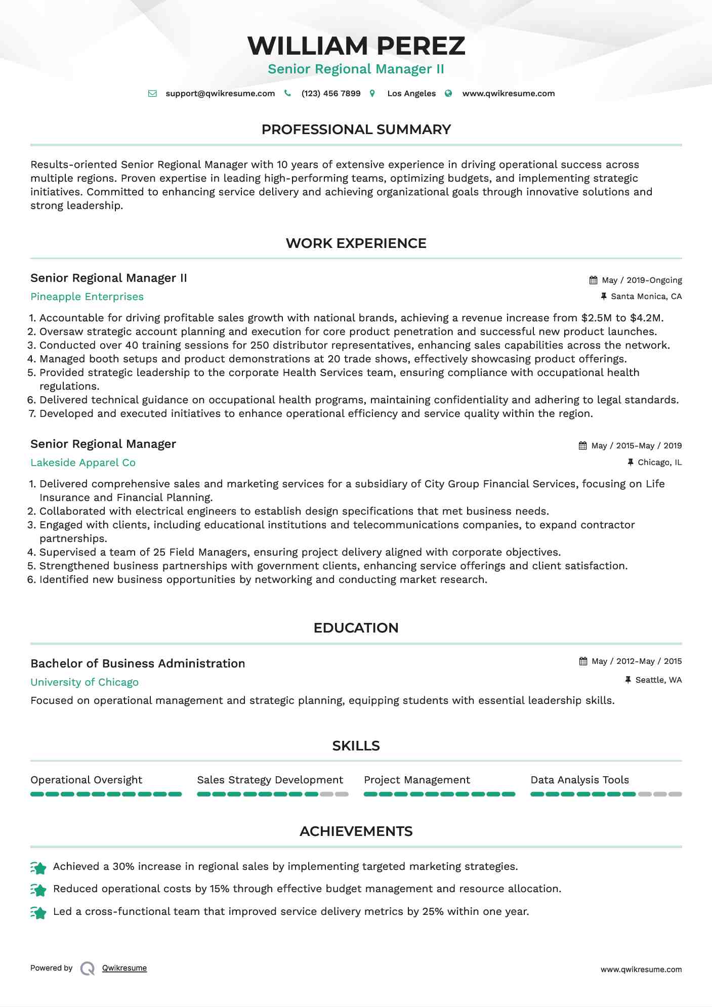 Senior Regional Manager II Resume Model
