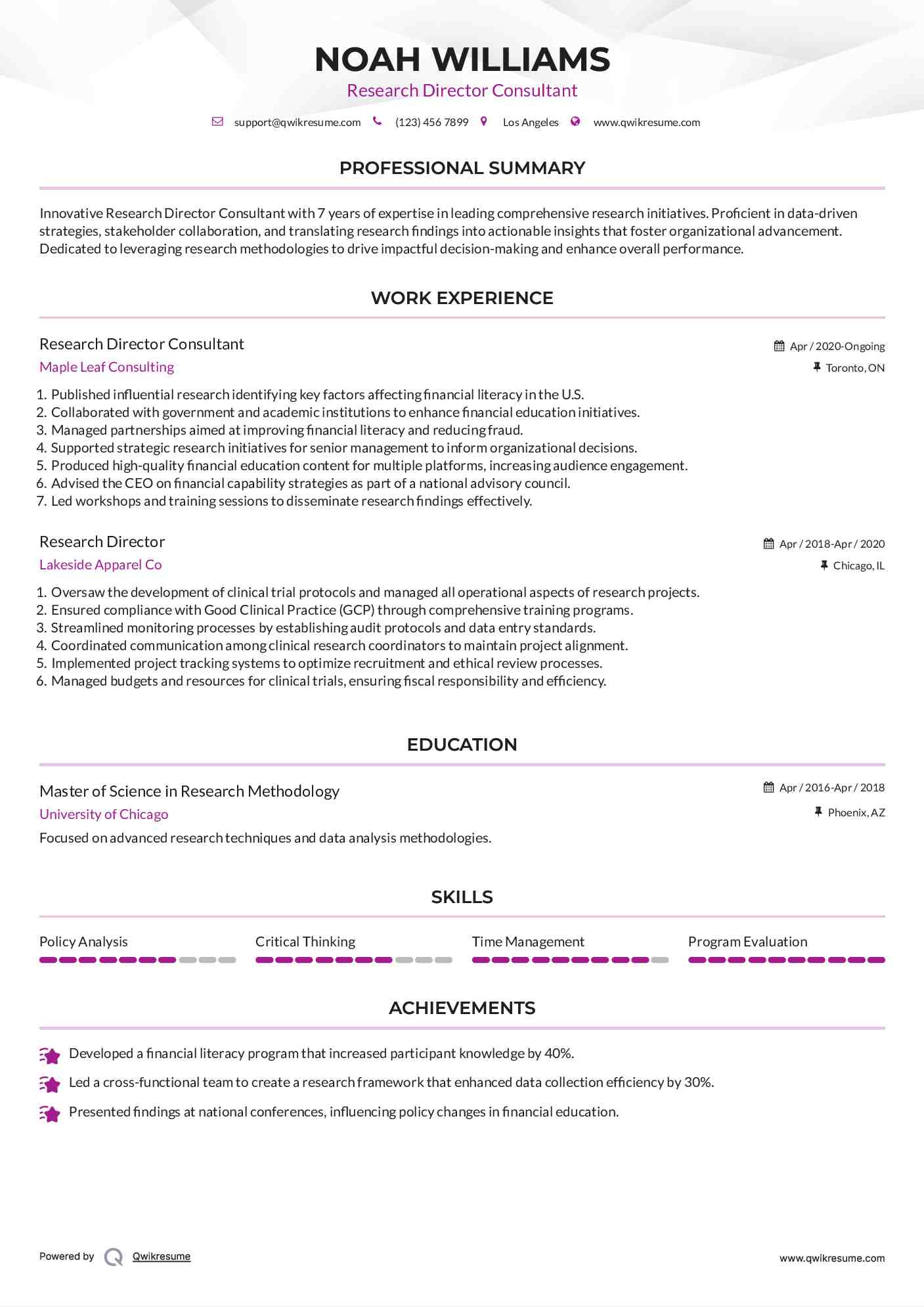 Research Director Consultant Resume Sample