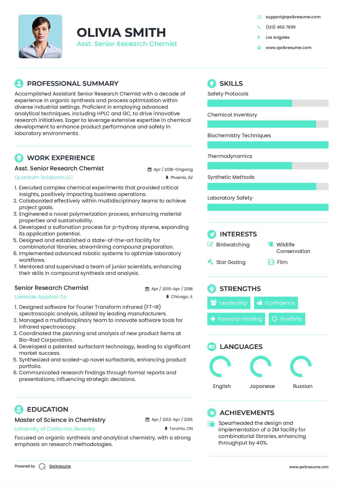 Asst. Senior Research Chemist Resume Template