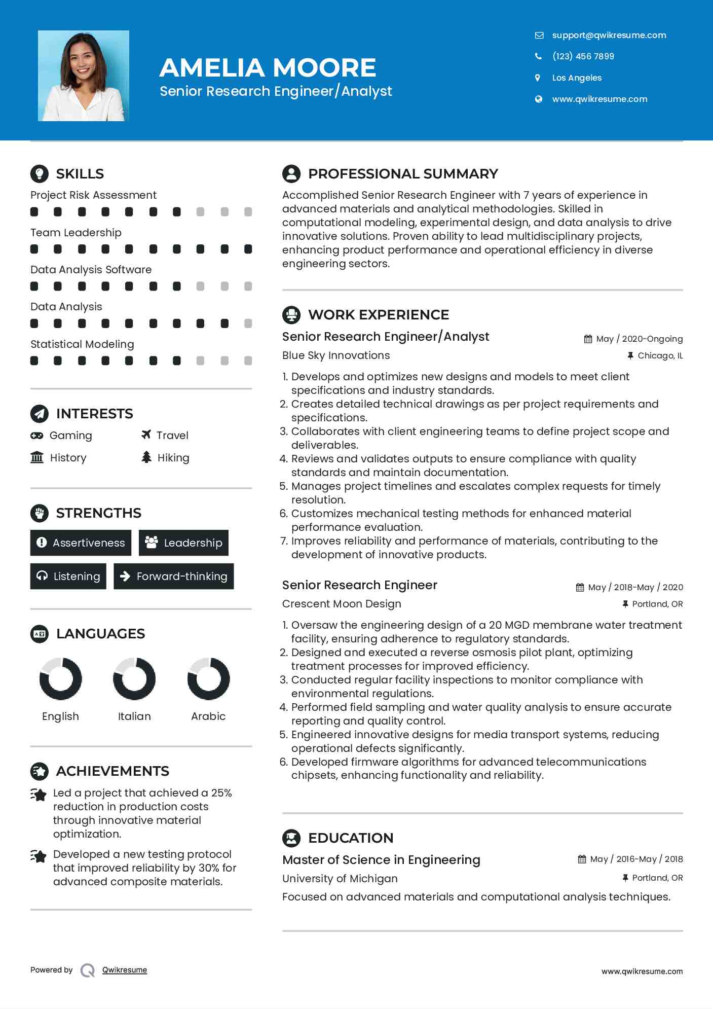 Senior Research Engineer/Analyst Resume Sample
