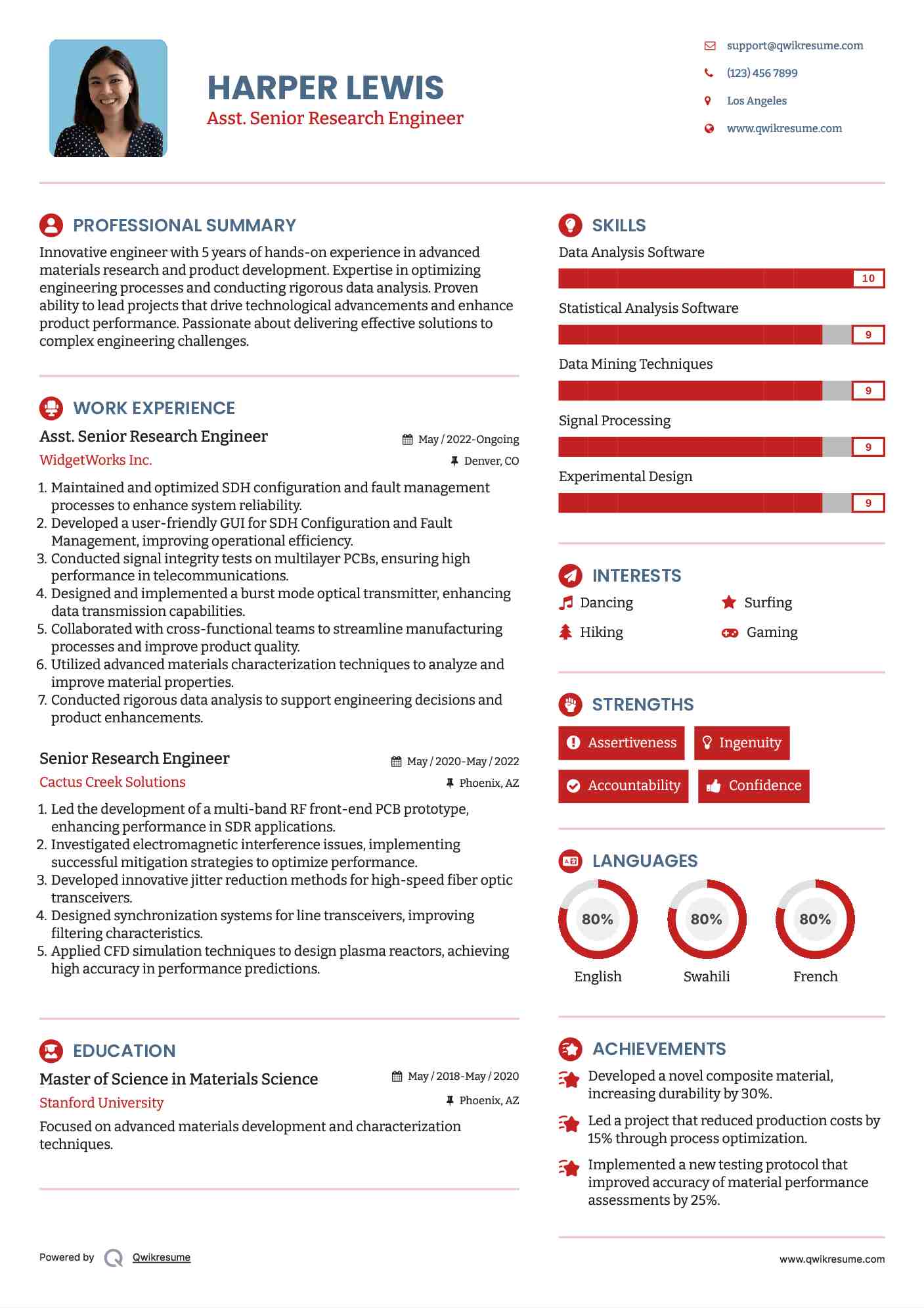 Asst. Senior Research Engineer Resume Sample