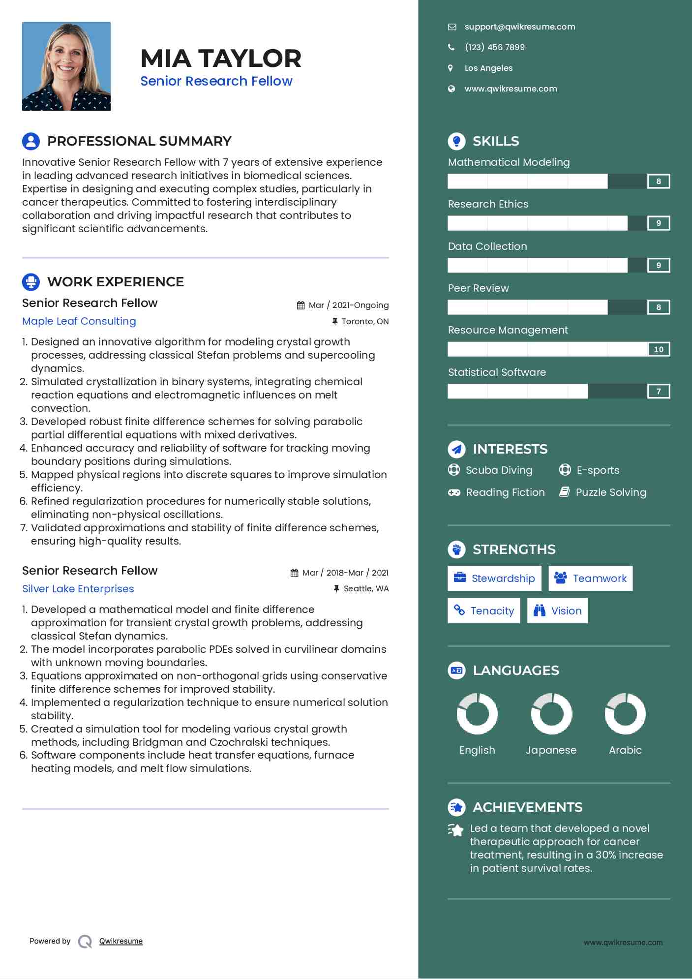 Senior Research Fellow Resume Format