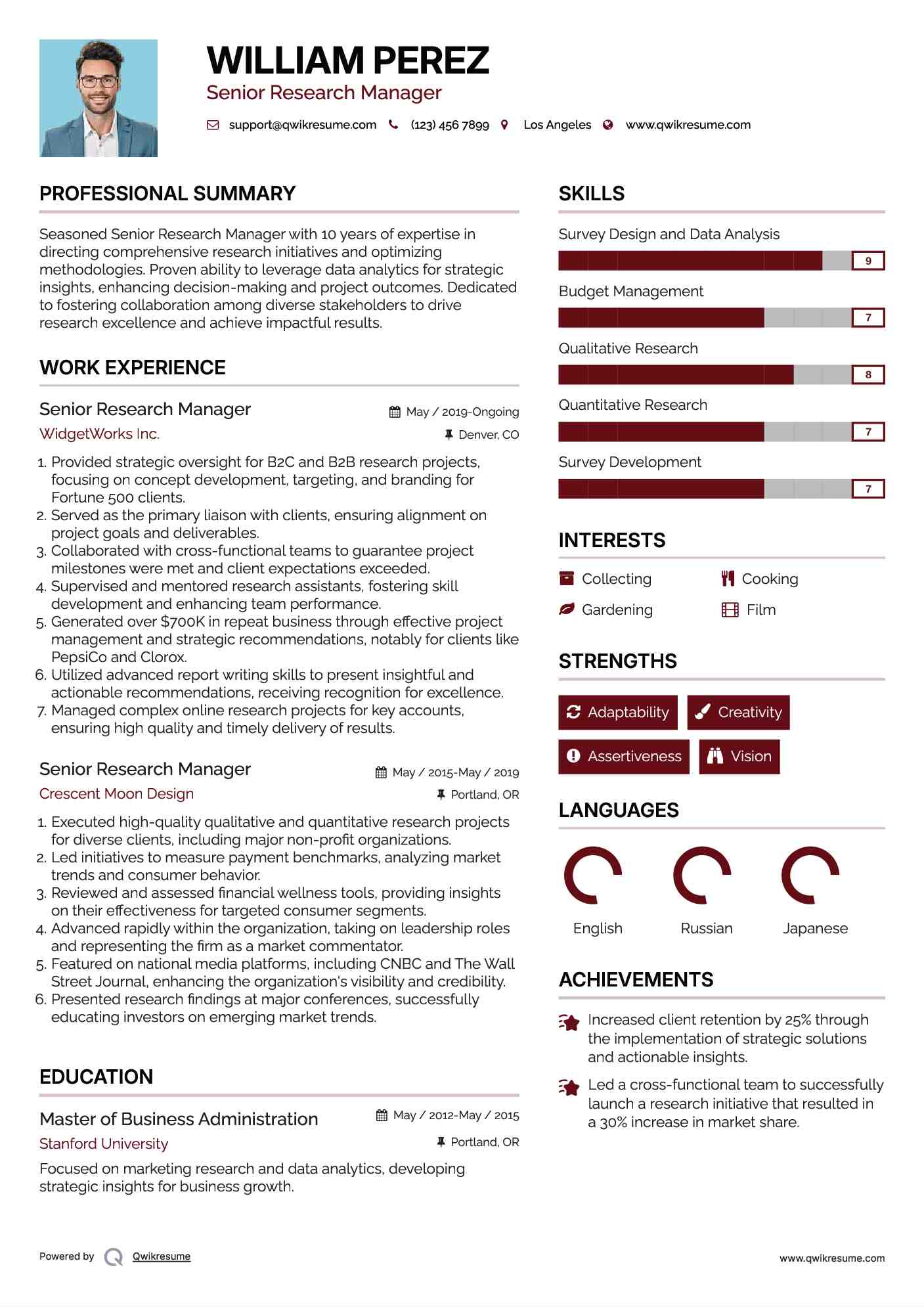 Senior Research Manager Resume Sample
