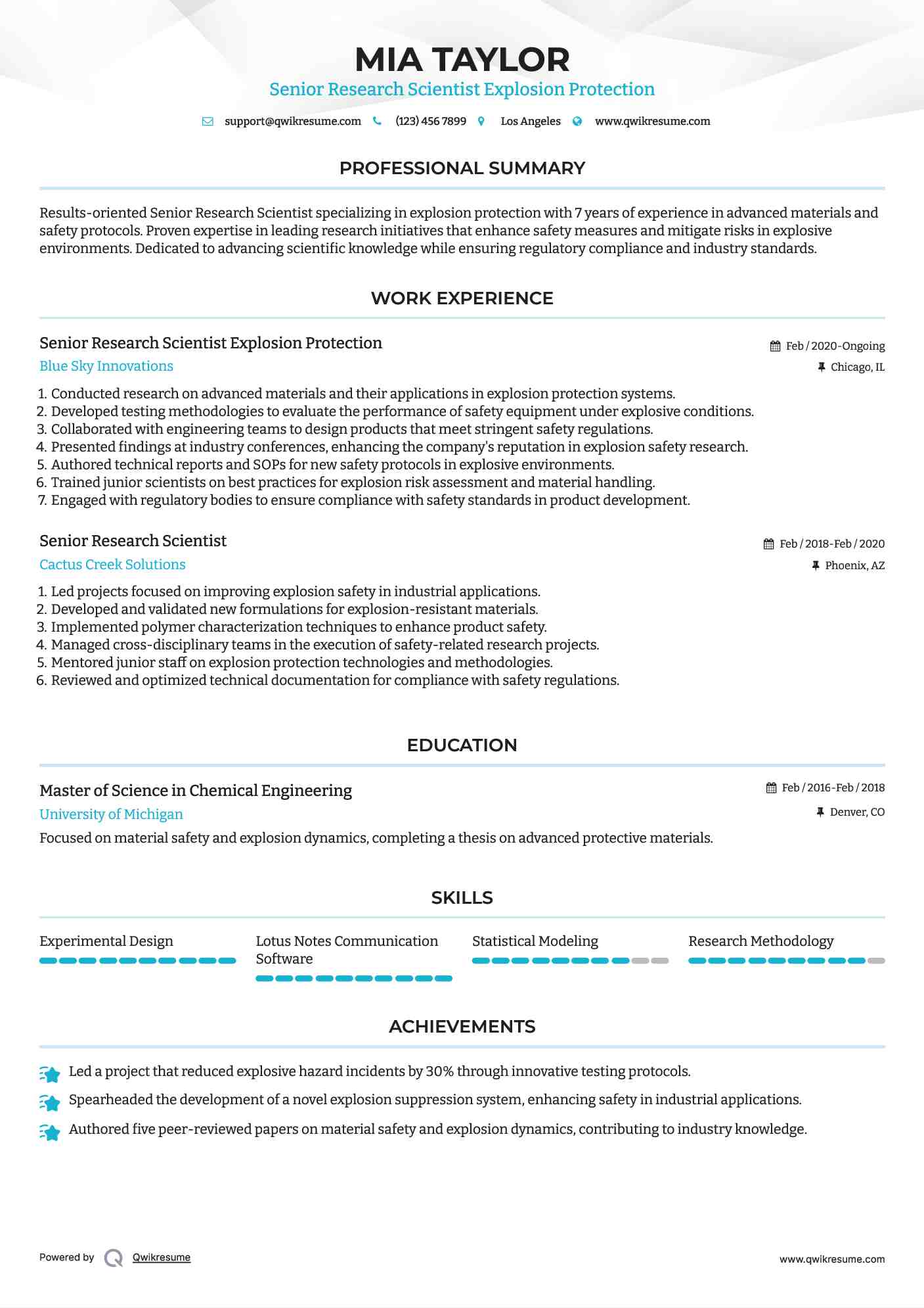 Senior Research Scientist Explosion Protection Resume Sample