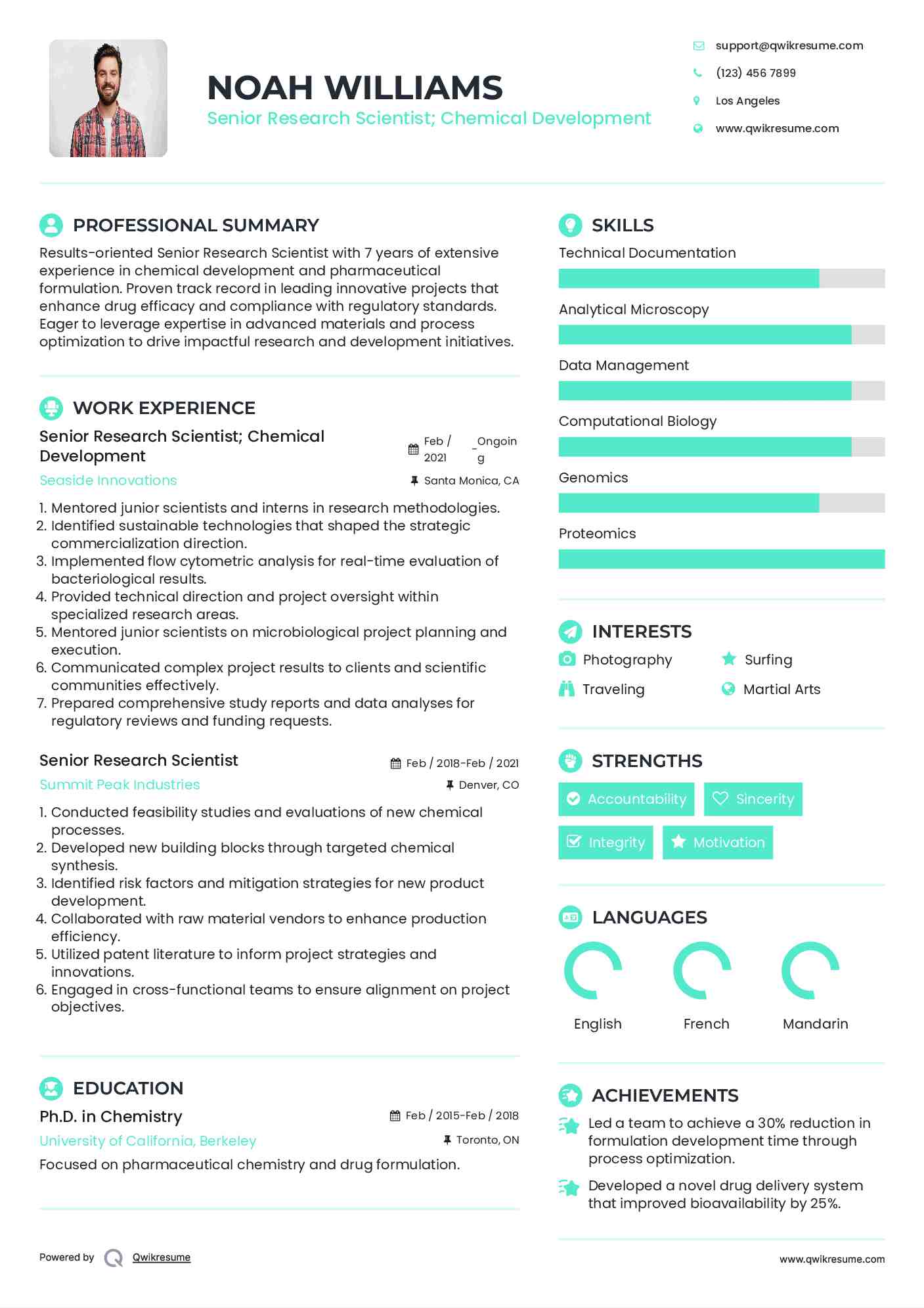 Senior Research Scientist; Chemical Development Resume Sample
