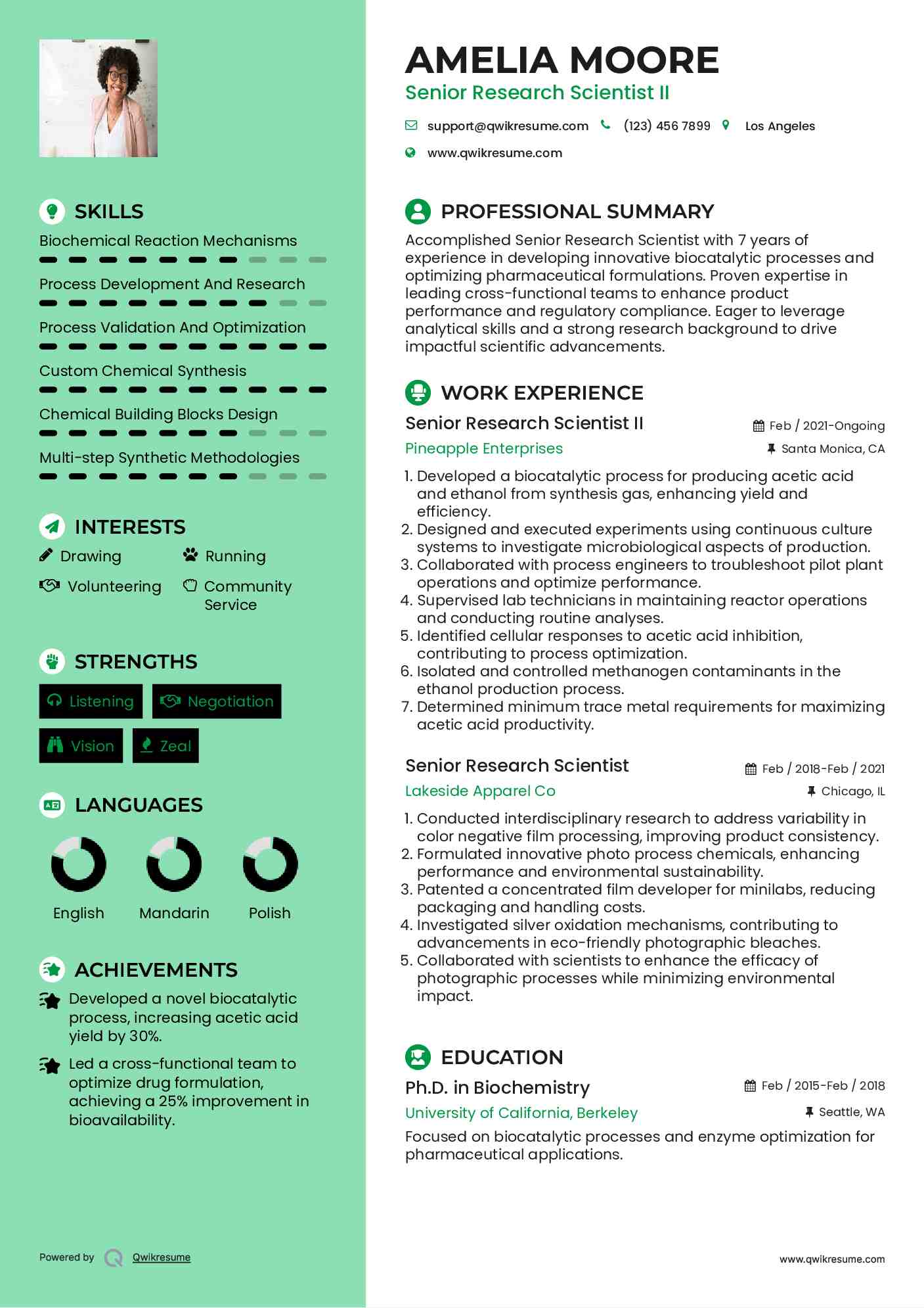 Senior Research Scientist II Resume Sample