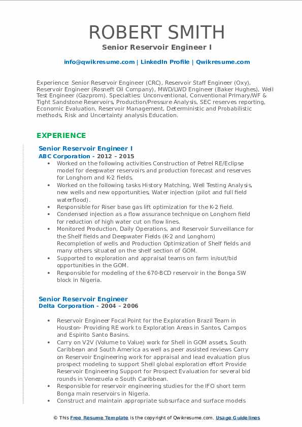 Senior Reservoir Engineer Resume Samples QwikResume
