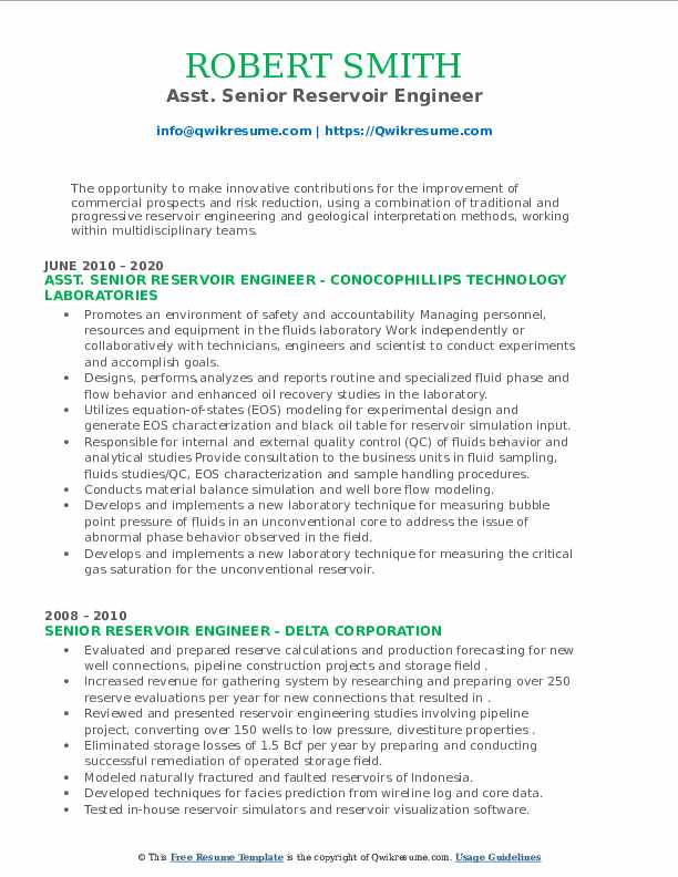 Senior Reservoir Engineer Resume Samples QwikResume