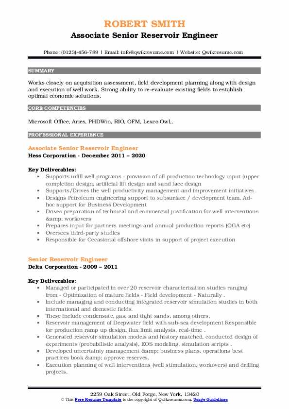 Senior Reservoir Engineer Resume Samples QwikResume