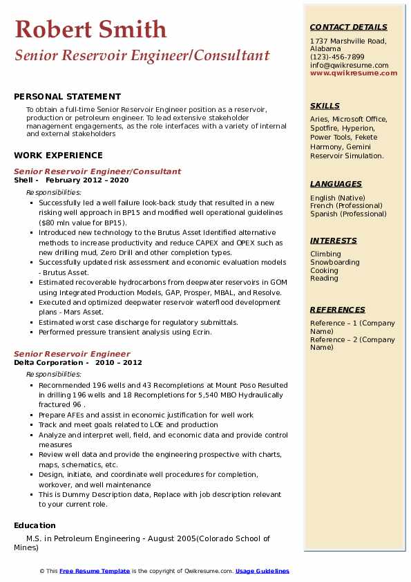 Senior Reservoir Engineer Resume Samples QwikResume