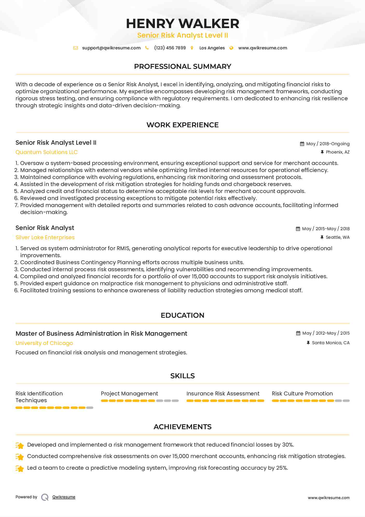 Senior Risk Analyst Level II Resume Model