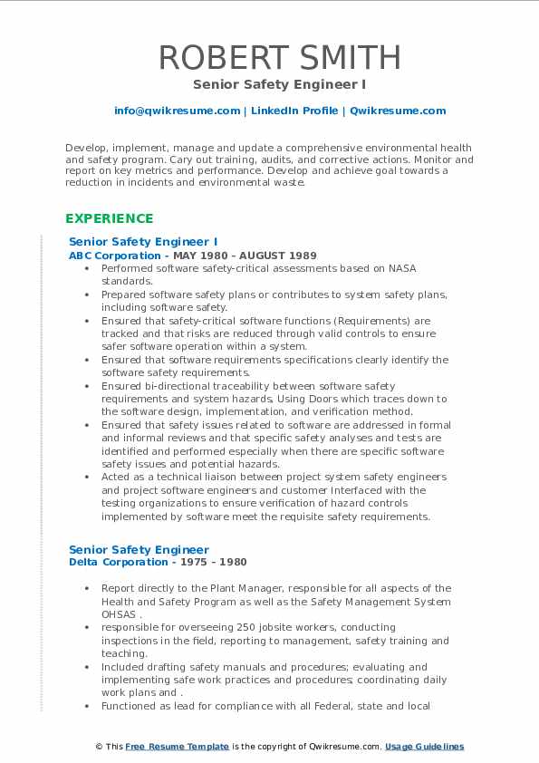 Senior Safety Engineer Resume Samples QwikResume