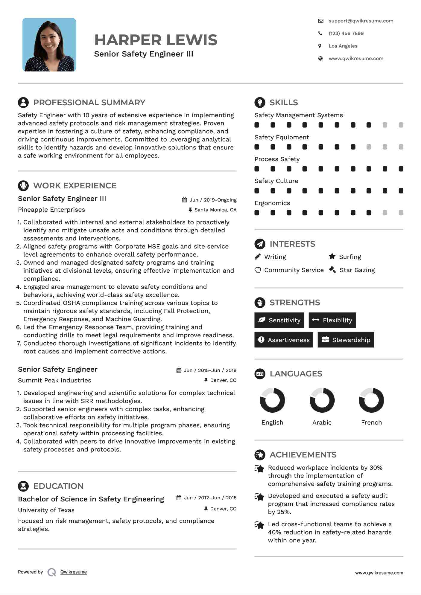 Senior Safety Engineer III Resume Example
