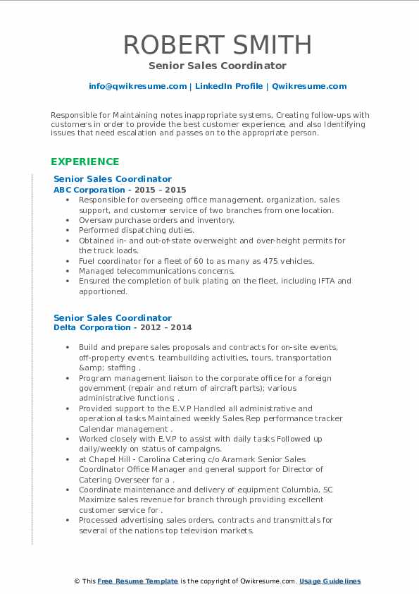 Senior Sales Coordinator Resume Samples | QwikResume