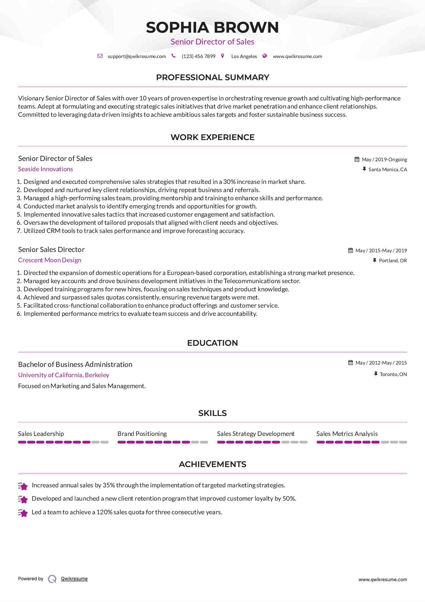 Senior Director of Sales Resume Format