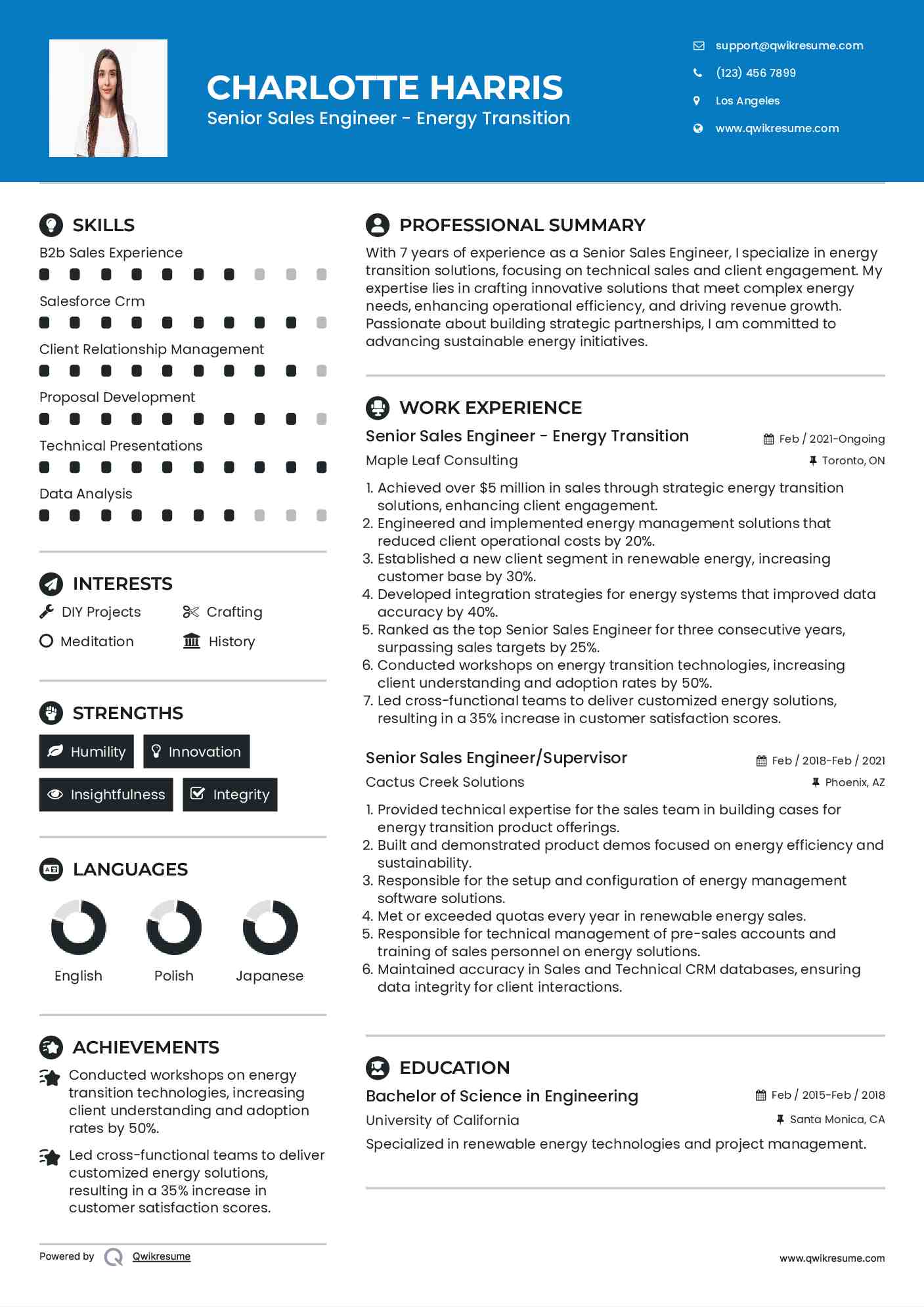 Senior Sales Engineer - Energy Transition Resume Format