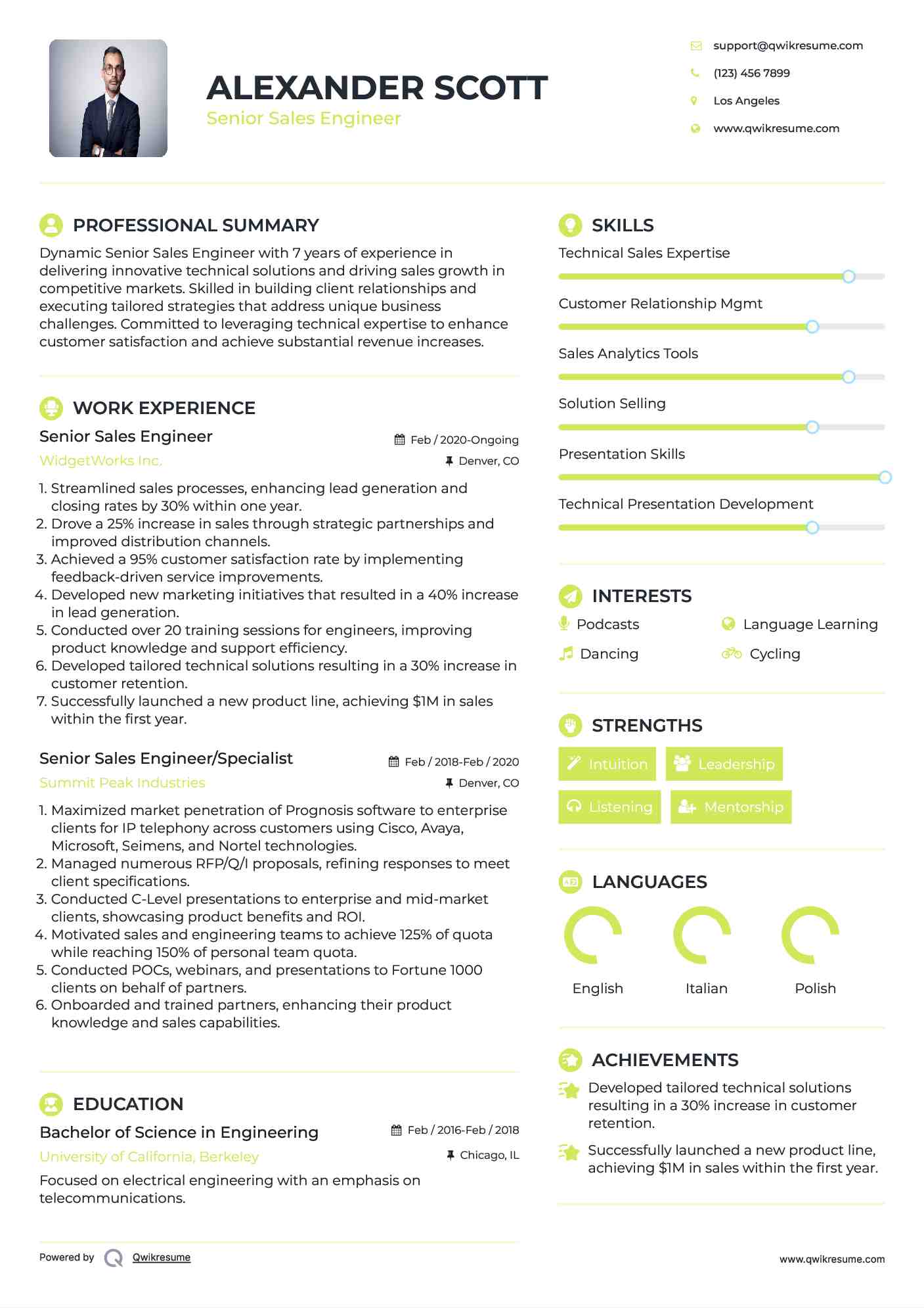 Senior Sales Engineer Resume Example