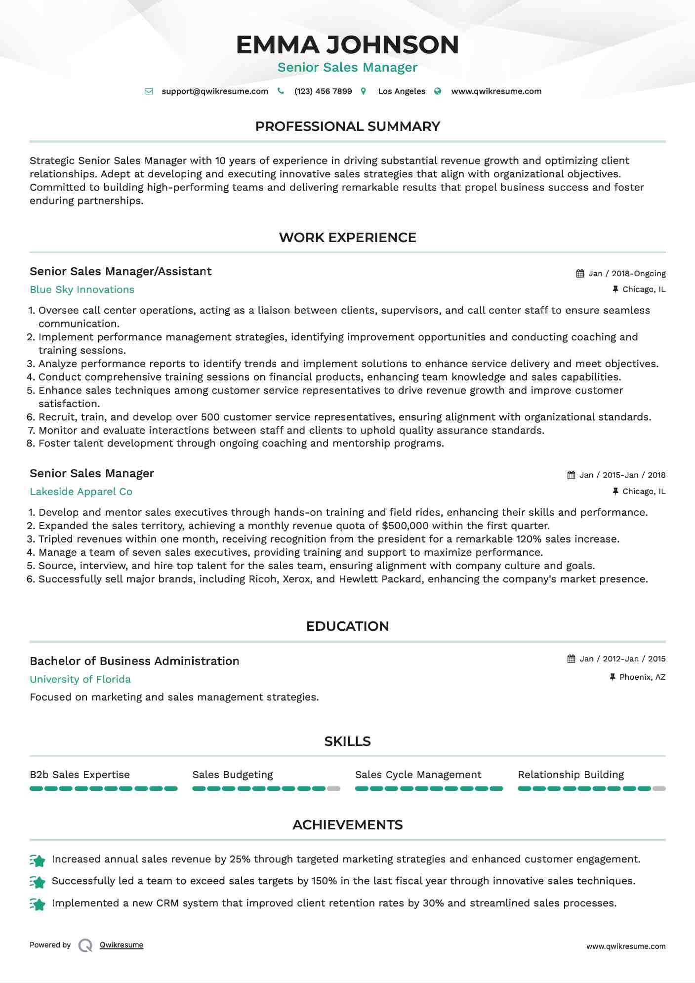 Senior Sales Manager/Assistant Resume Format