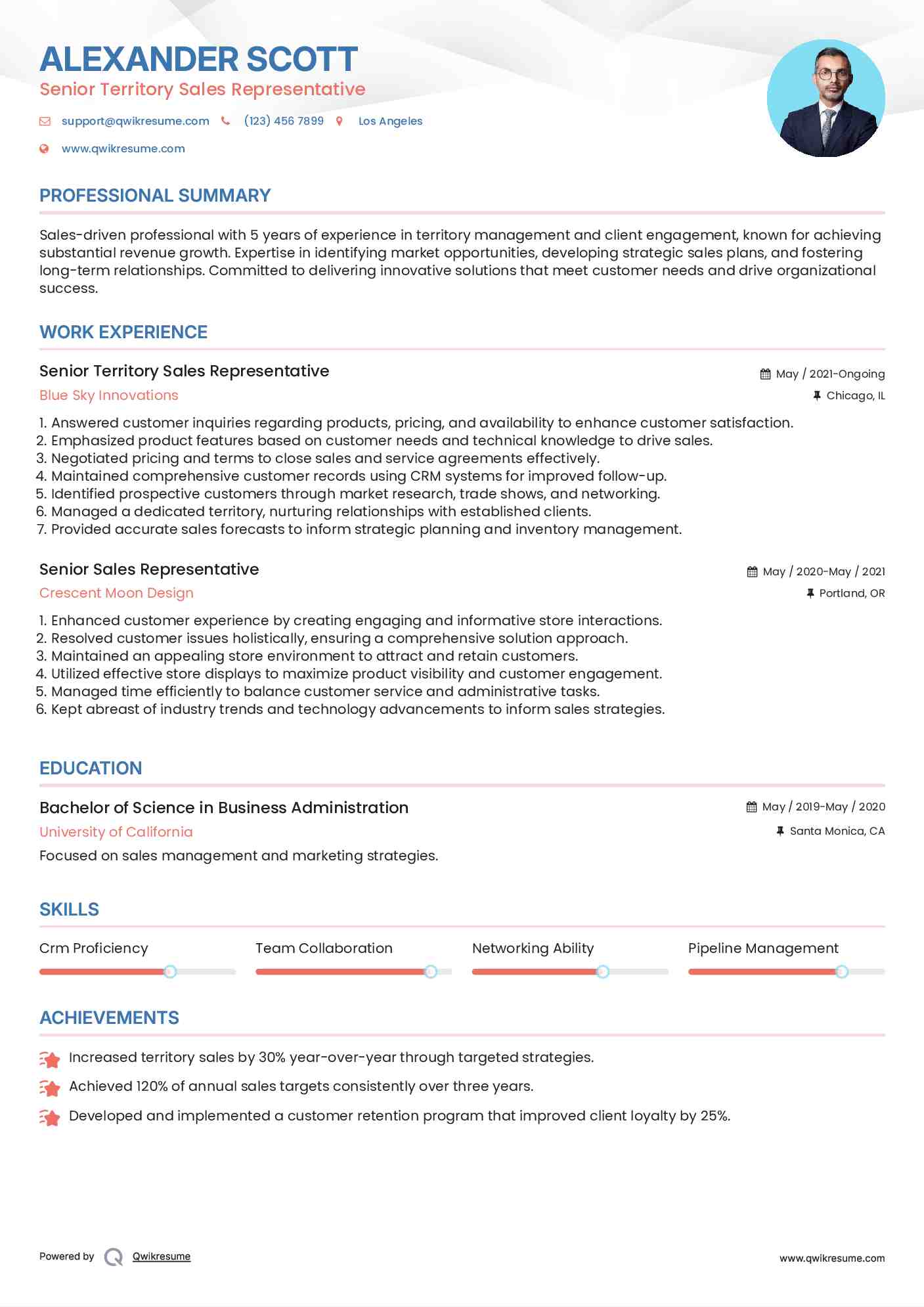 Senior Territory Sales Representative Resume Sample