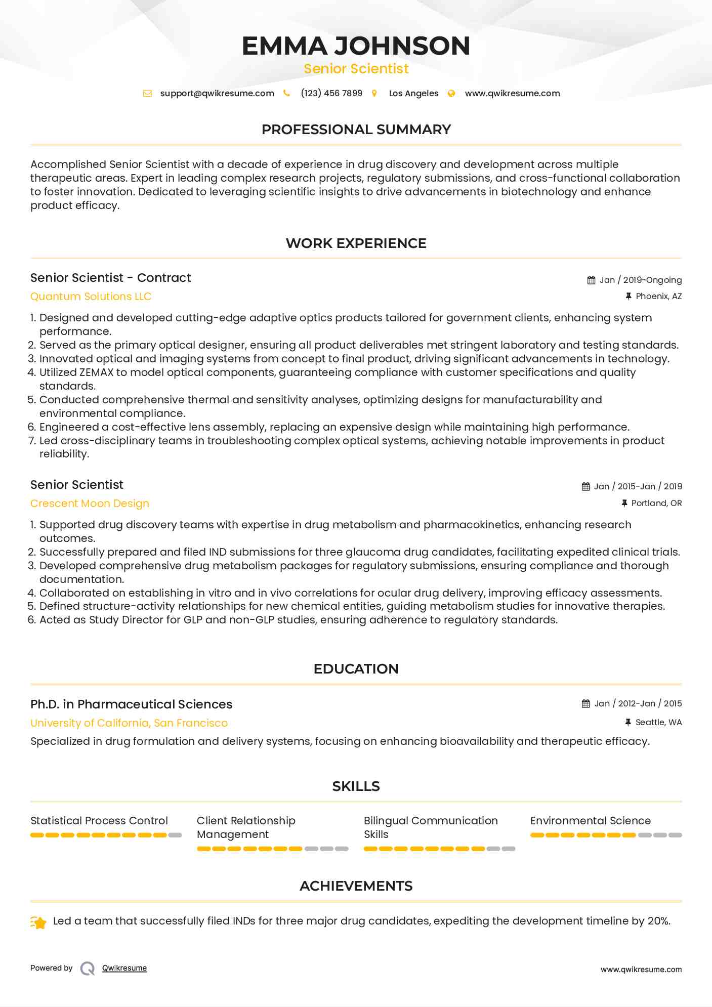 Senior Scientist - Contract Resume Example