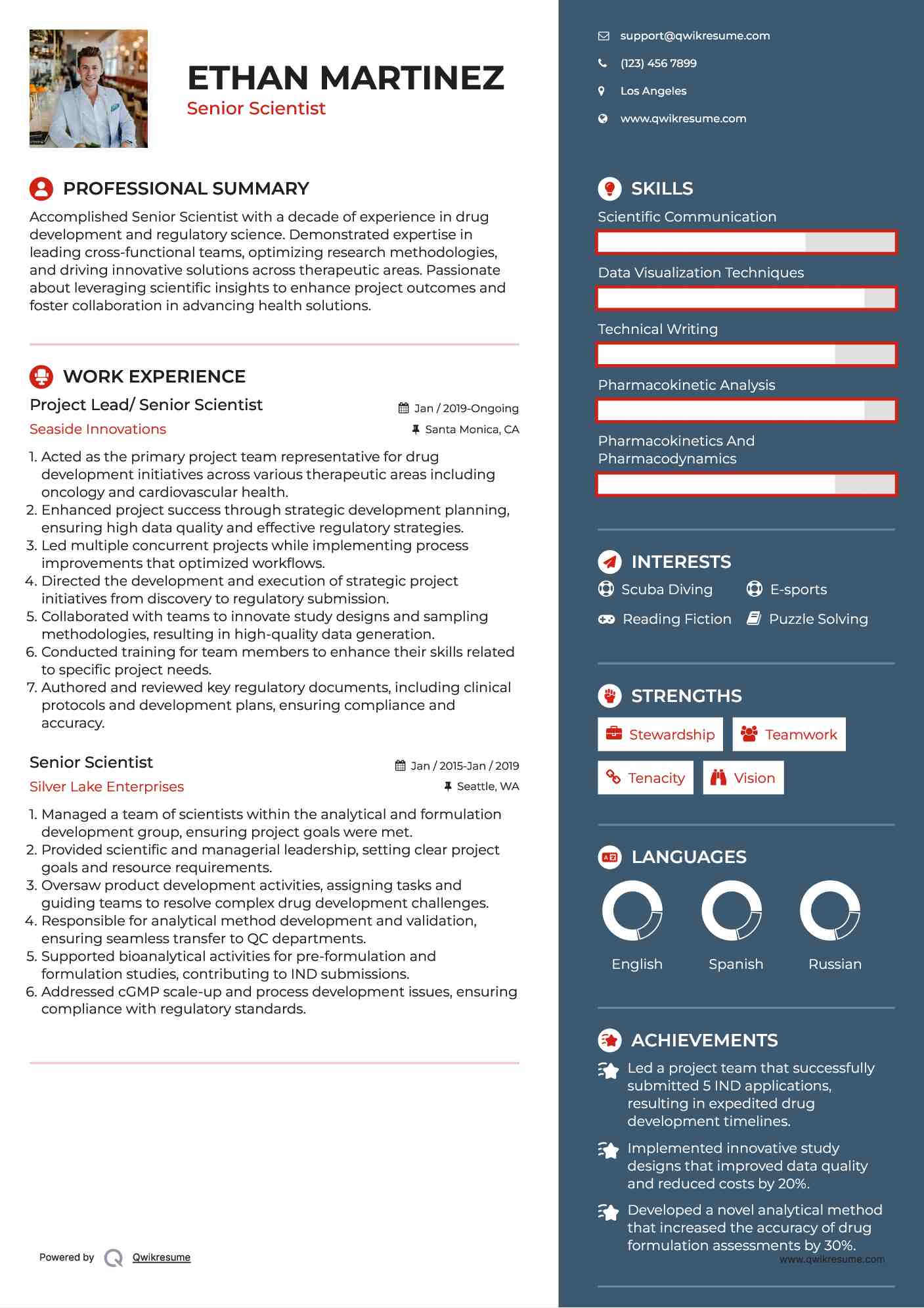 Project Lead/ Senior Scientist Resume Example