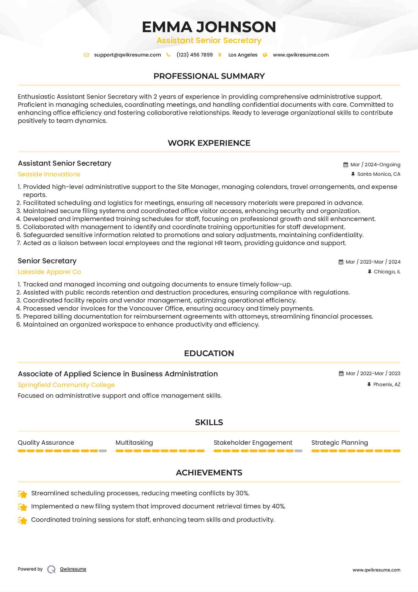 Assistant Senior Secretary Resume Model