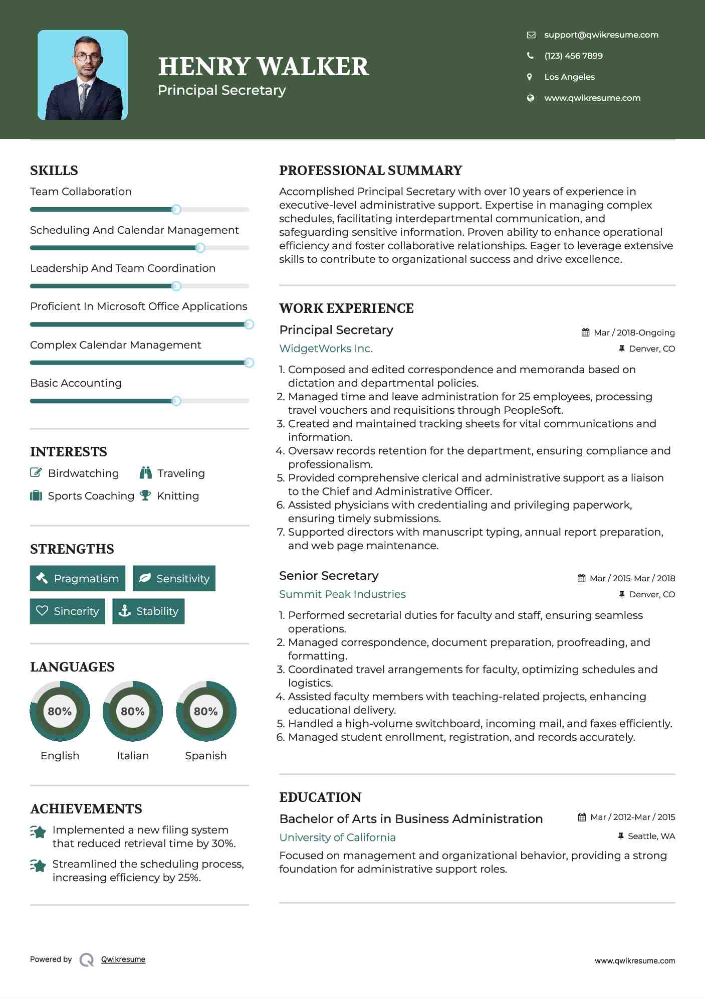 Principal Secretary Resume Example