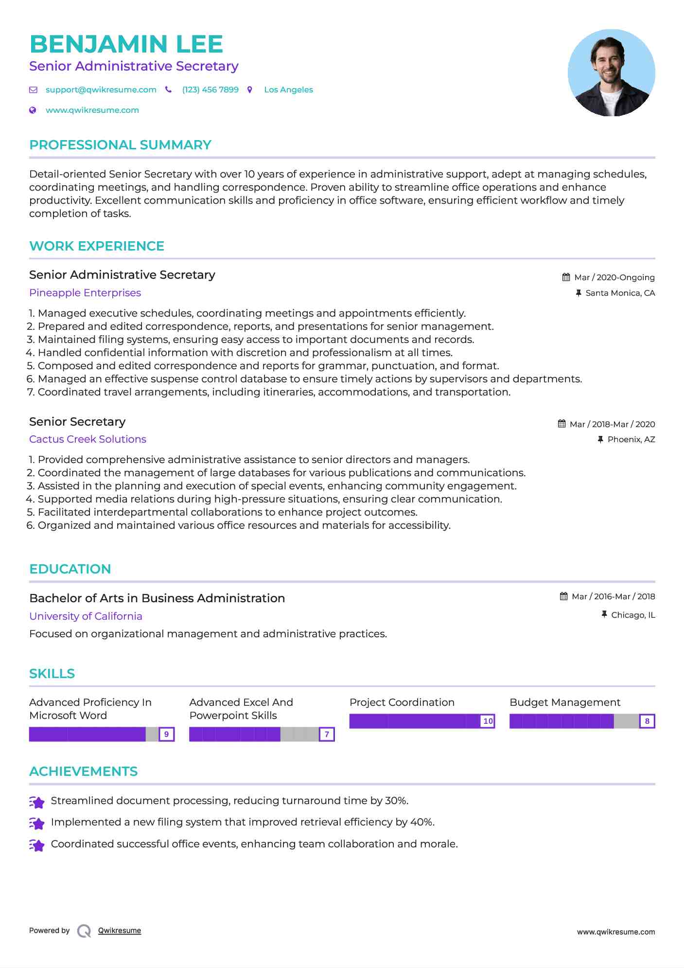Senior Administrative Secretary Resume Example